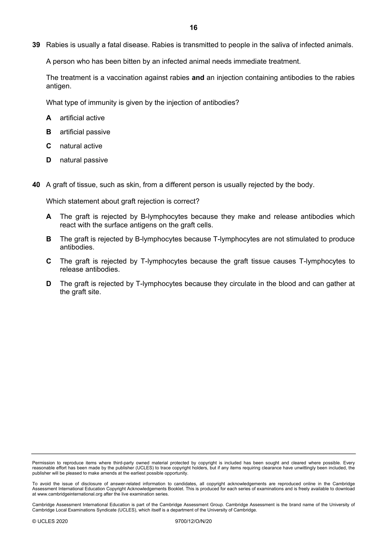 Cambridge A Level Biology 9700 2020 Oct/Nov Paper 1 · Variant 2 question paper, page 16 of 16