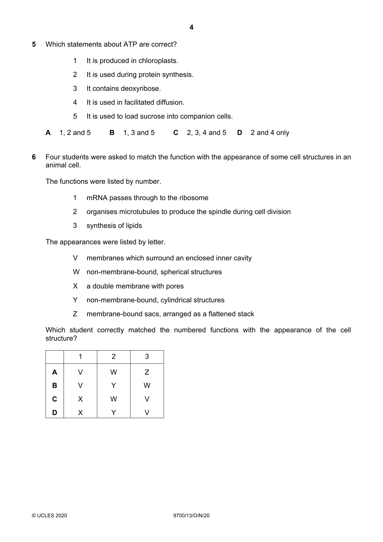 Cambridge A Level Biology 9700 2020 Oct/Nov Paper 1 · Variant 3 question paper, page 4 of 16
