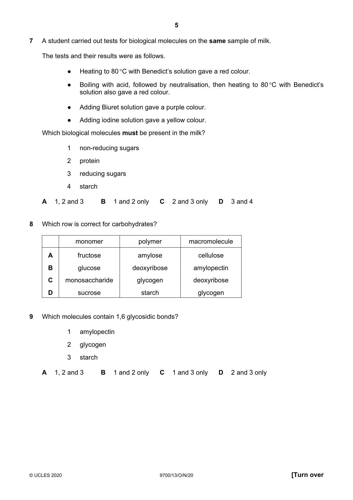Cambridge A Level Biology 9700 2020 Oct/Nov Paper 1 · Variant 3 question paper, page 5 of 16