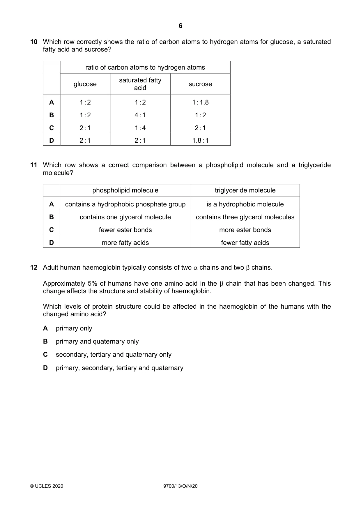 Cambridge A Level Biology 9700 2020 Oct/Nov Paper 1 · Variant 3 question paper, page 6 of 16