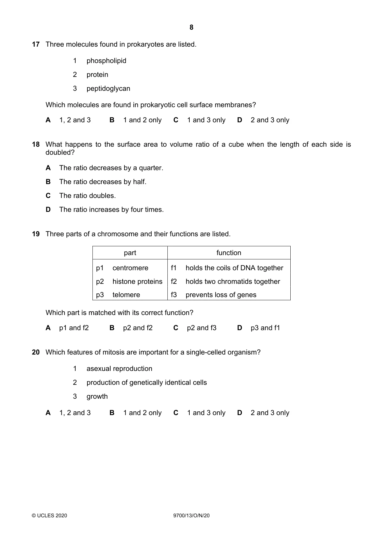 Cambridge A Level Biology 9700 2020 Oct/Nov Paper 1 · Variant 3 question paper, page 8 of 16