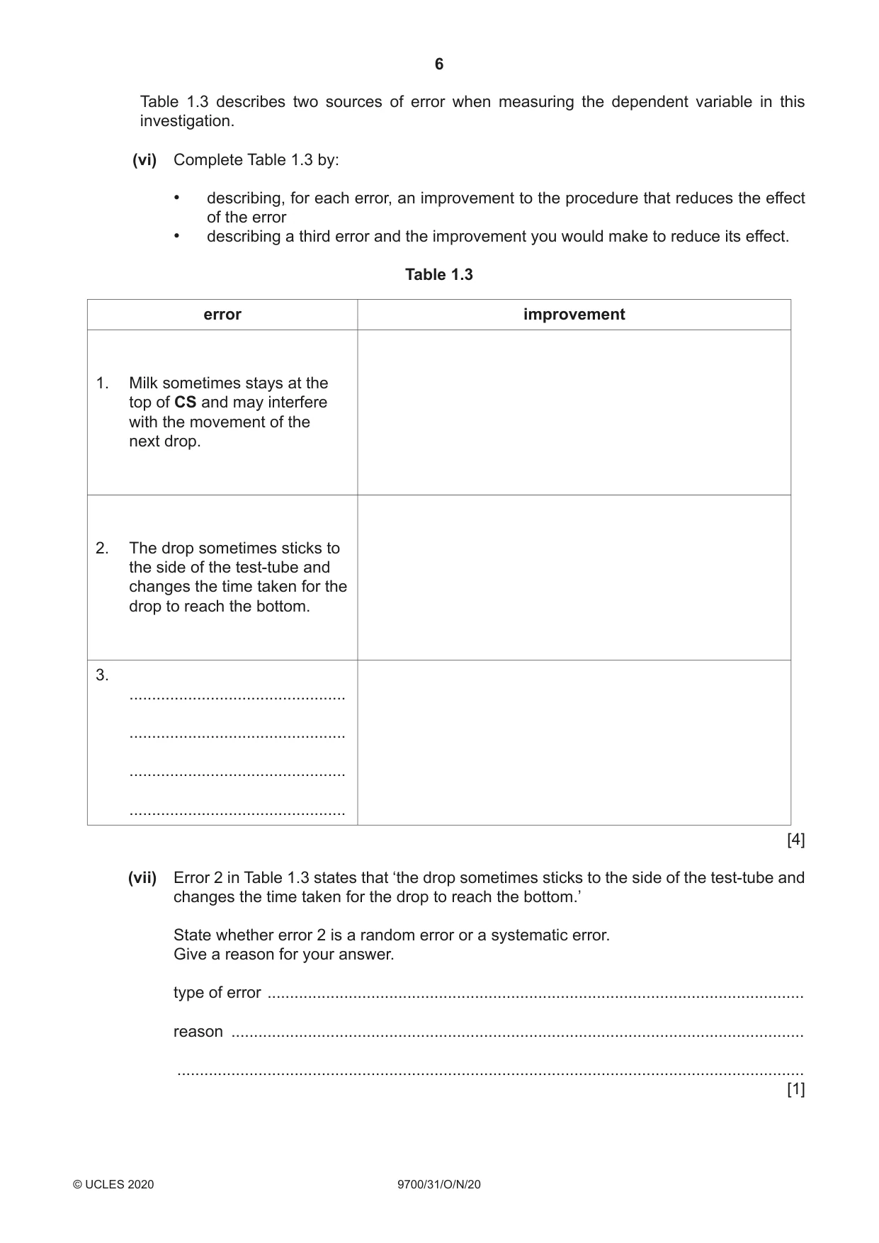 Cambridge A Level Biology 9700 2020 Oct/Nov Paper 3 · Variant 1 question paper, page 6 of 16