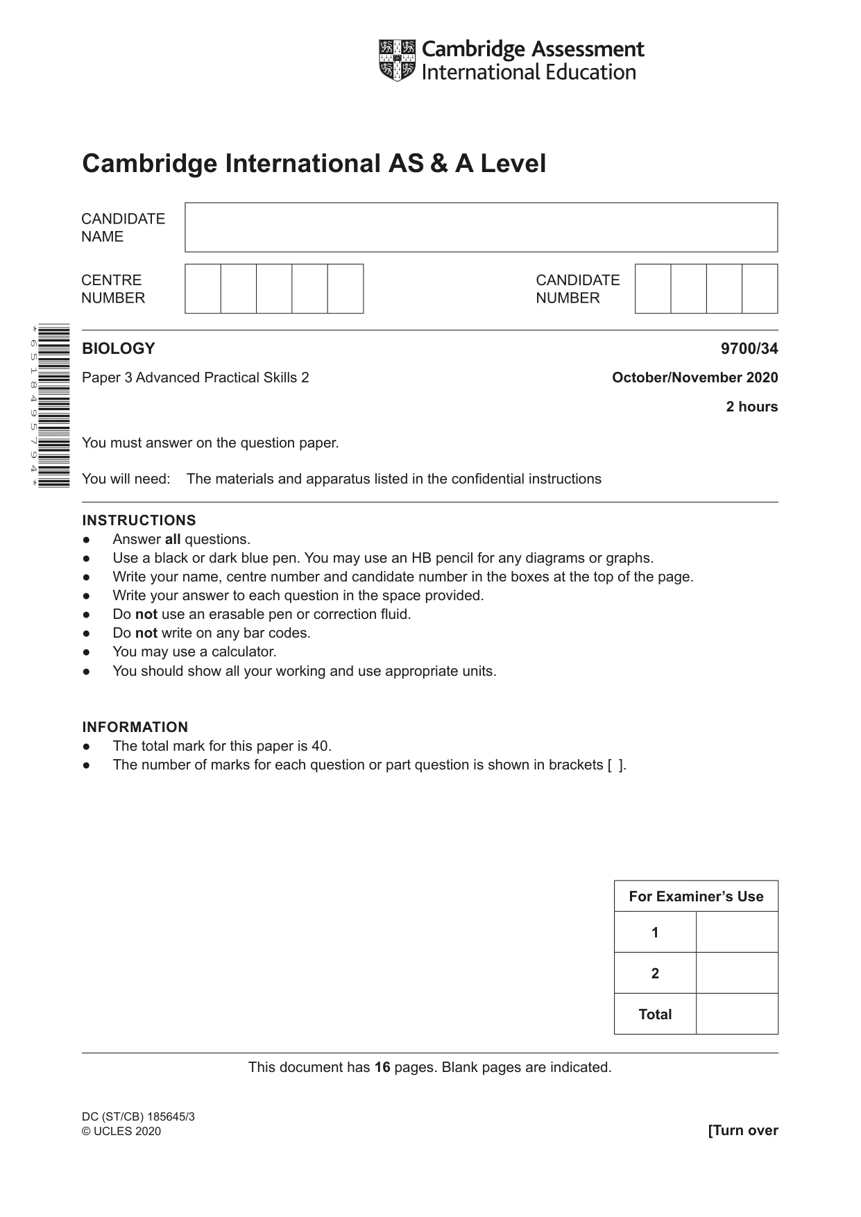 Cambridge A Level Biology 9700 2020 Oct/Nov Paper 3 · Variant 4 question paper, page 1 of 16