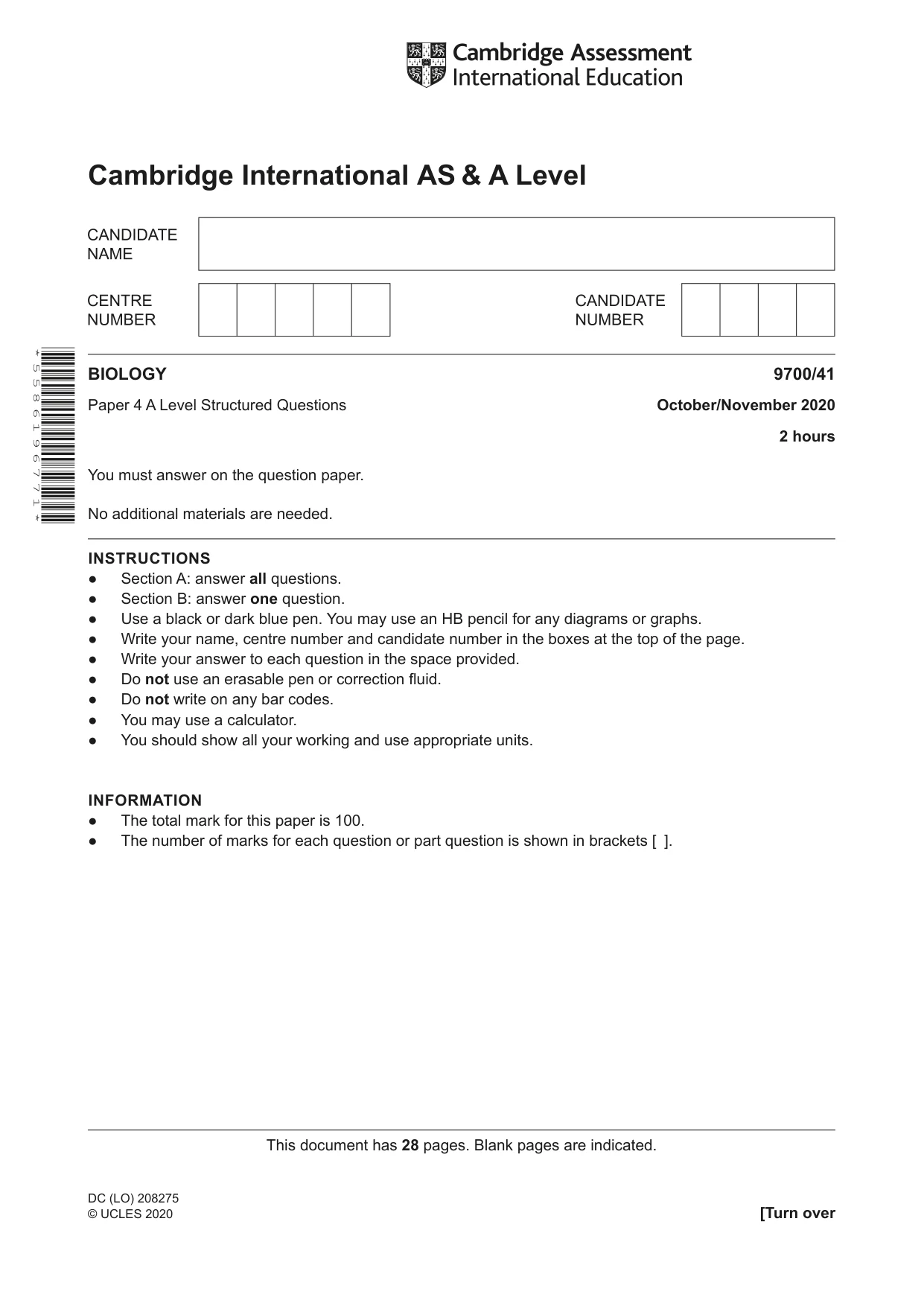 Cambridge A Level Biology 9700 2020 Oct/Nov Paper 4 · Variant 1 question paper, page 1 of 28