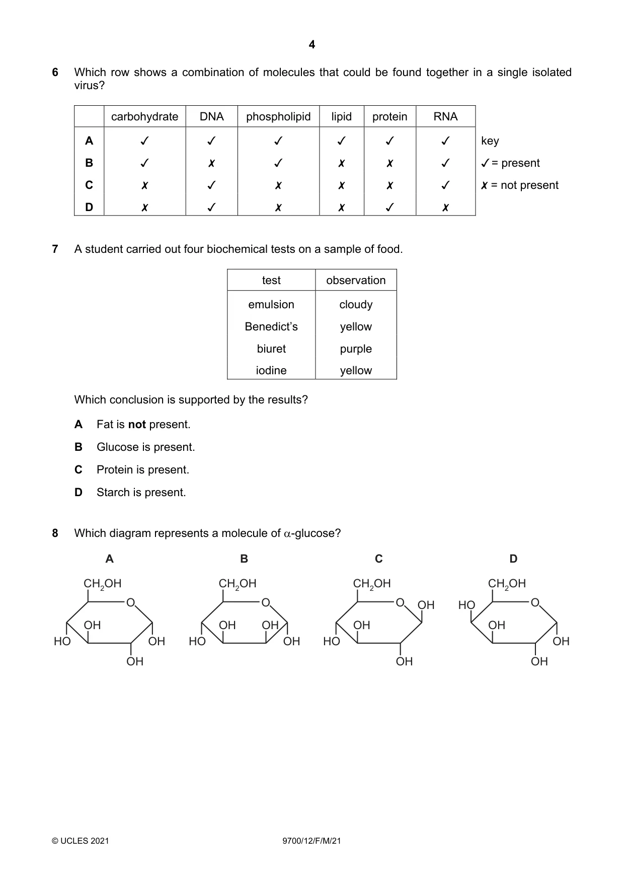 Cambridge A Level Biology 9700 2021 Feb/March Paper 1 · Variant 2 question paper, page 4 of 16