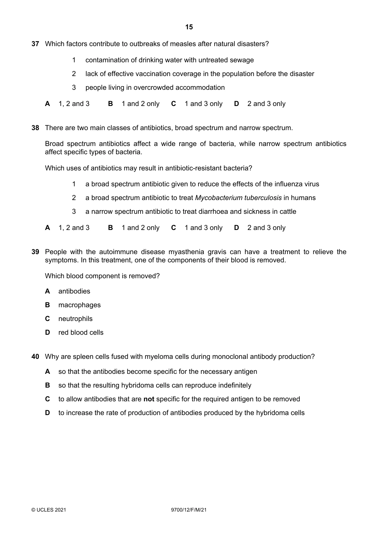 Cambridge A Level Biology 9700 2021 Feb/March Paper 1 · Variant 2 question paper, page 15 of 16