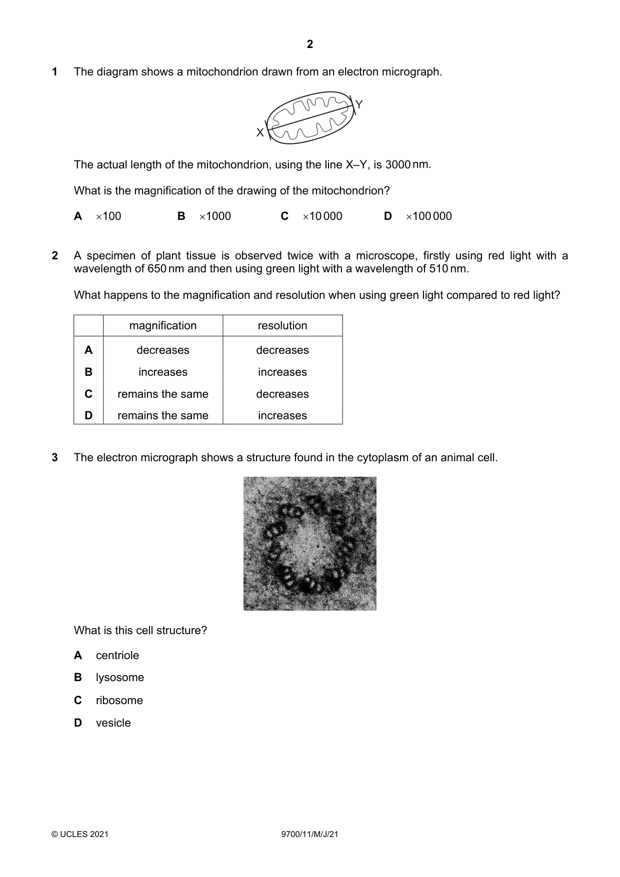 Cambridge A Level Biology 9700 2021 May/June Paper 1 · Variant 1 question paper, page 2 of 16