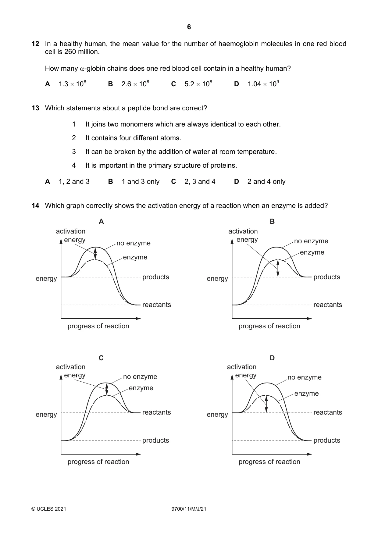 Cambridge A Level Biology 9700 2021 May/June Paper 1 · Variant 1 question paper, page 6 of 16