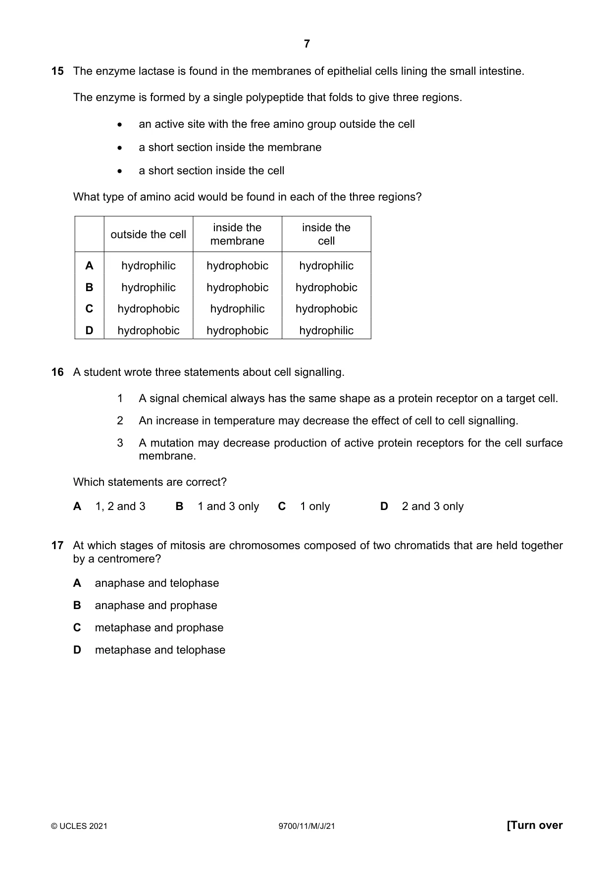Cambridge A Level Biology 9700 2021 May/June Paper 1 · Variant 1 question paper, page 7 of 16