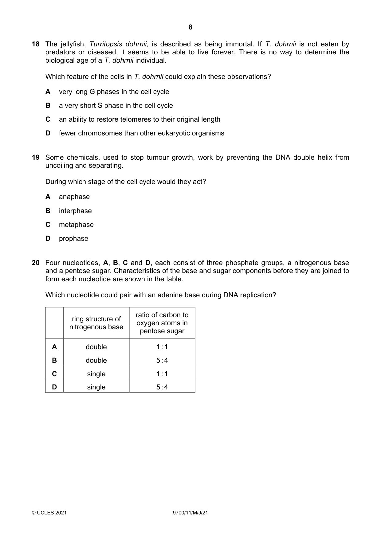 Cambridge A Level Biology 9700 2021 May/June Paper 1 · Variant 1 question paper, page 8 of 16