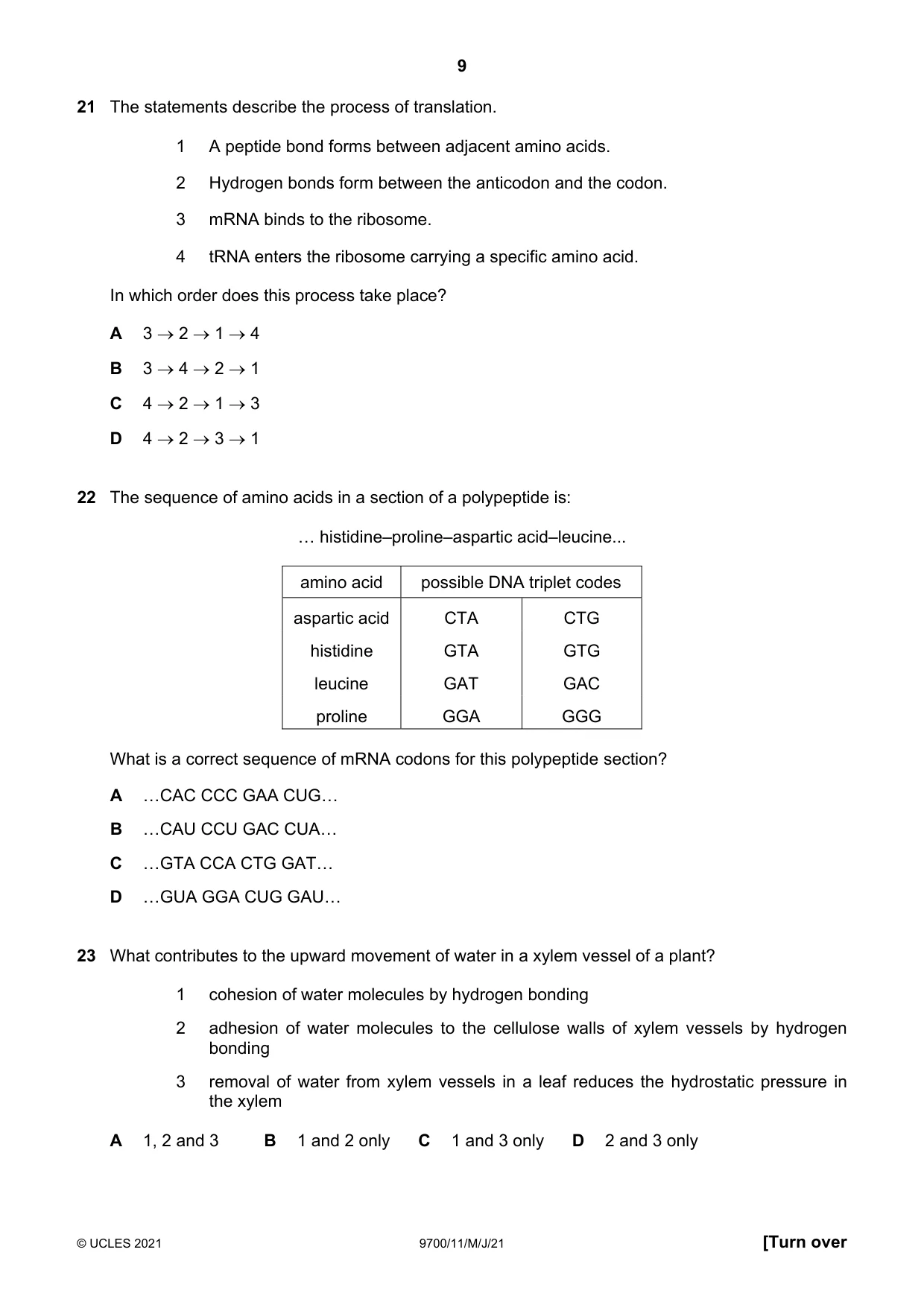 Cambridge A Level Biology 9700 2021 May/June Paper 1 · Variant 1 question paper, page 9 of 16