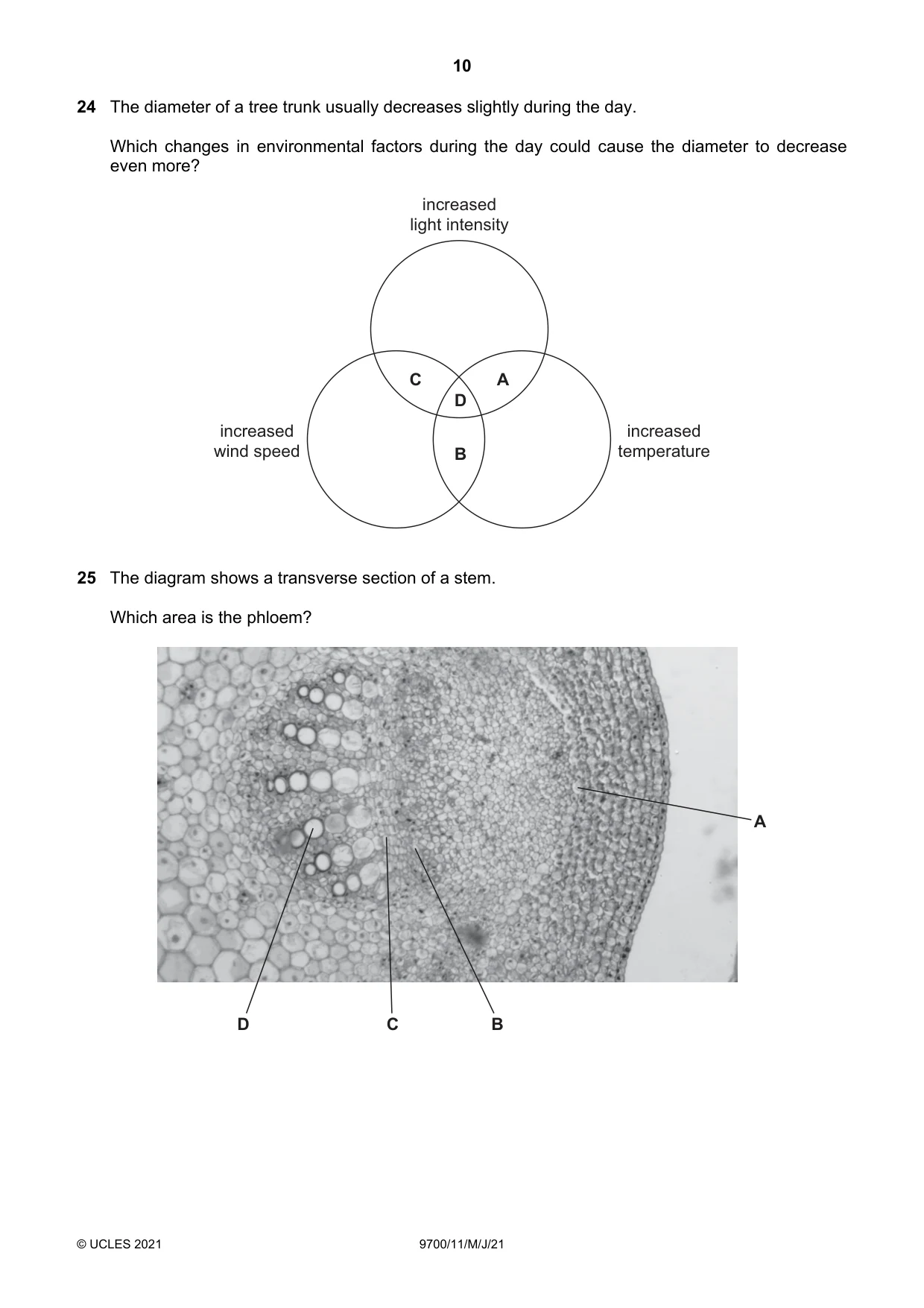 Cambridge A Level Biology 9700 2021 May/June Paper 1 · Variant 1 question paper, page 10 of 16