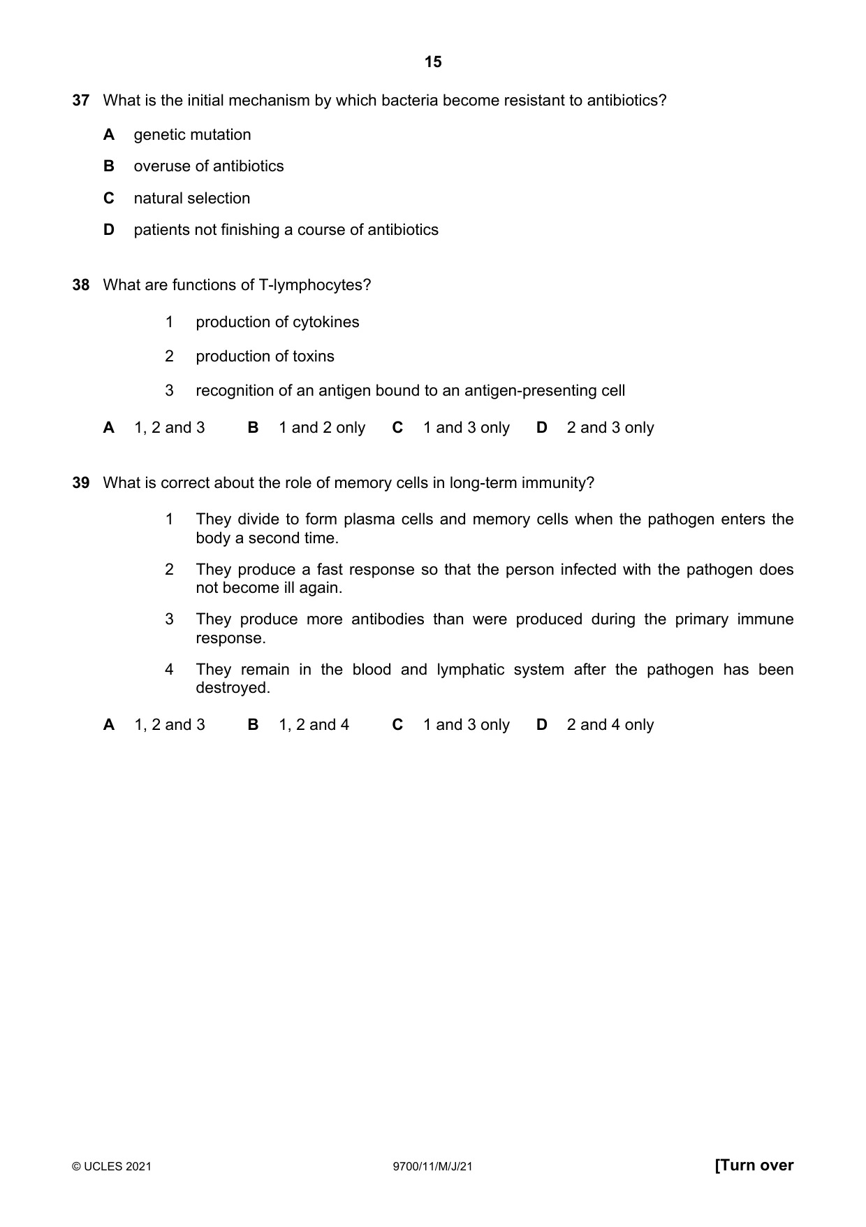 Cambridge A Level Biology 9700 2021 May/June Paper 1 · Variant 1 question paper, page 15 of 16
