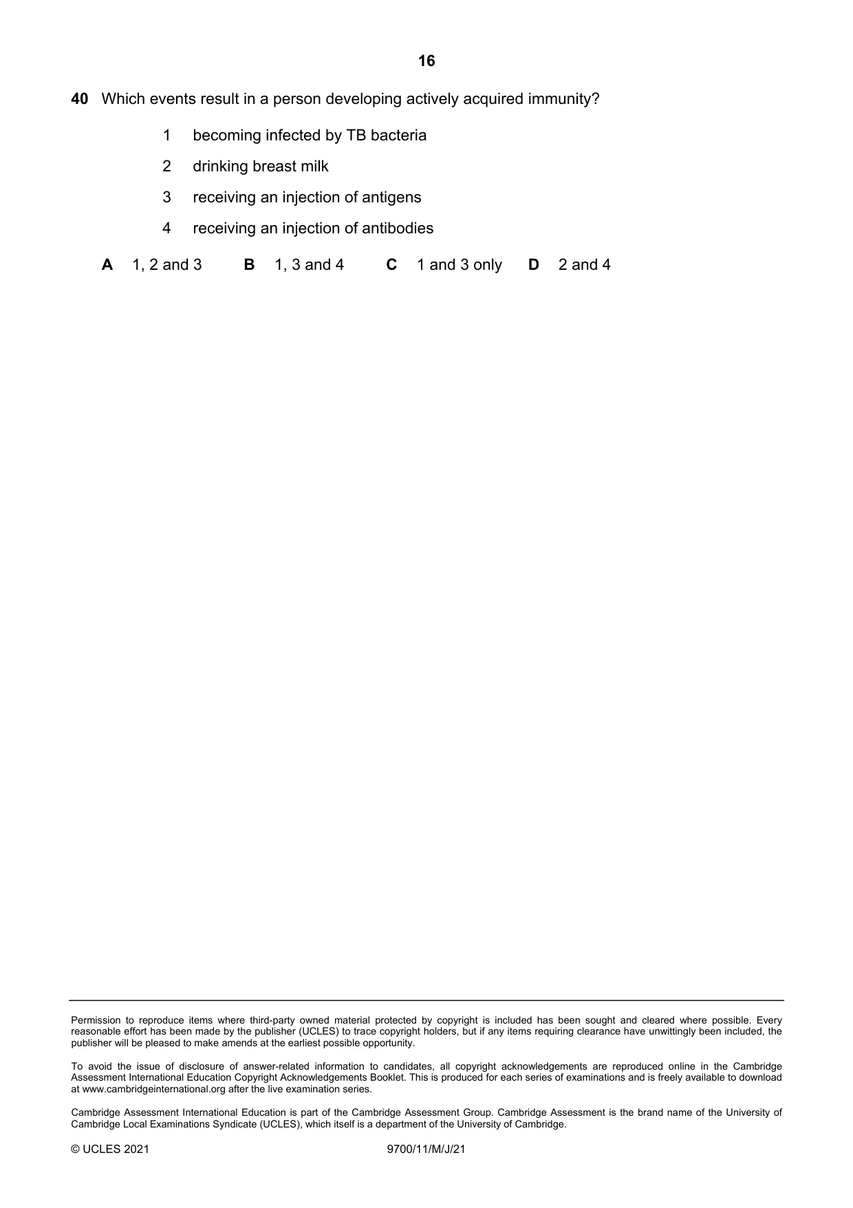 Cambridge A Level Biology 9700 2021 May/June Paper 1 · Variant 1 question paper, page 16 of 16