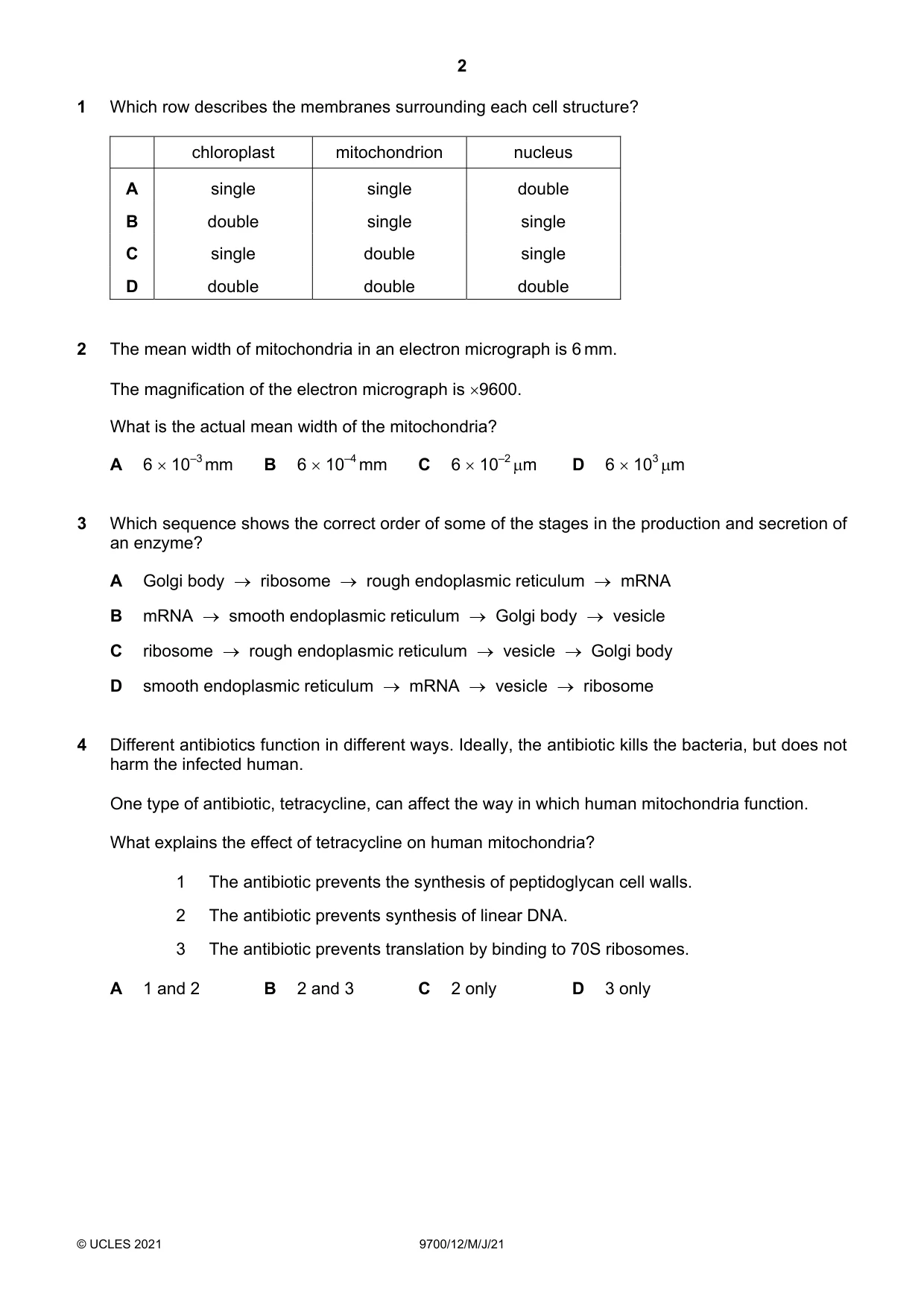 Cambridge A Level Biology 9700 2021 May/June Paper 1 · Variant 2 question paper, page 2 of 16