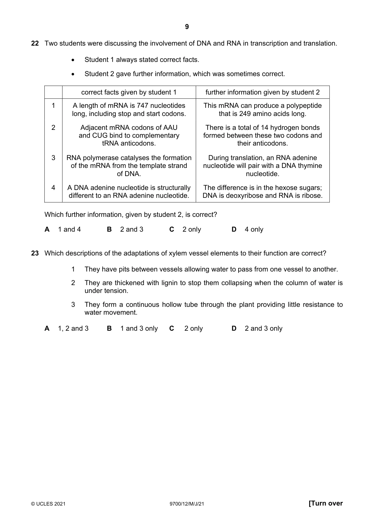Cambridge A Level Biology 9700 2021 May/June Paper 1 · Variant 2 question paper, page 9 of 16