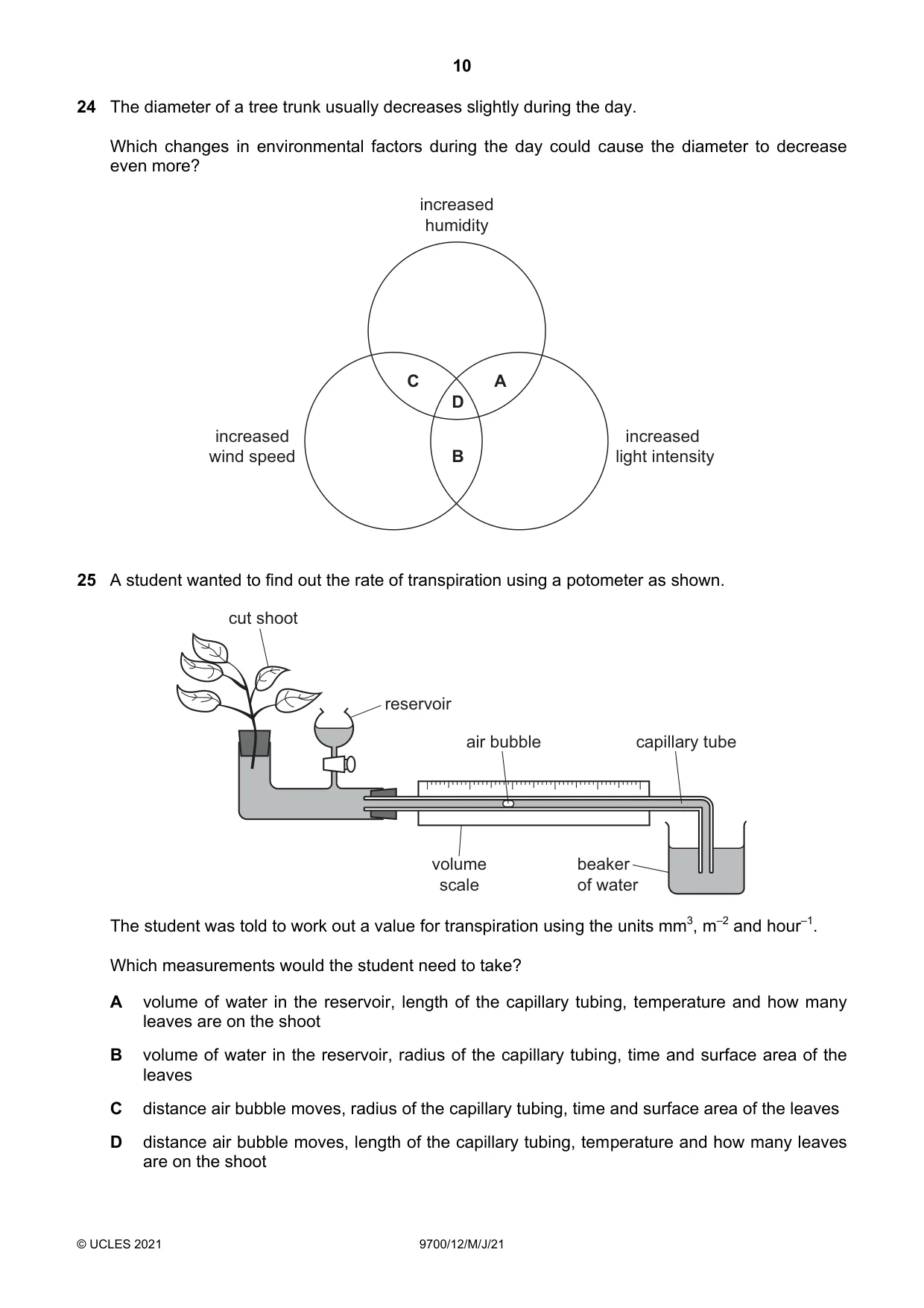 Cambridge A Level Biology 9700 2021 May/June Paper 1 · Variant 2 question paper, page 10 of 16