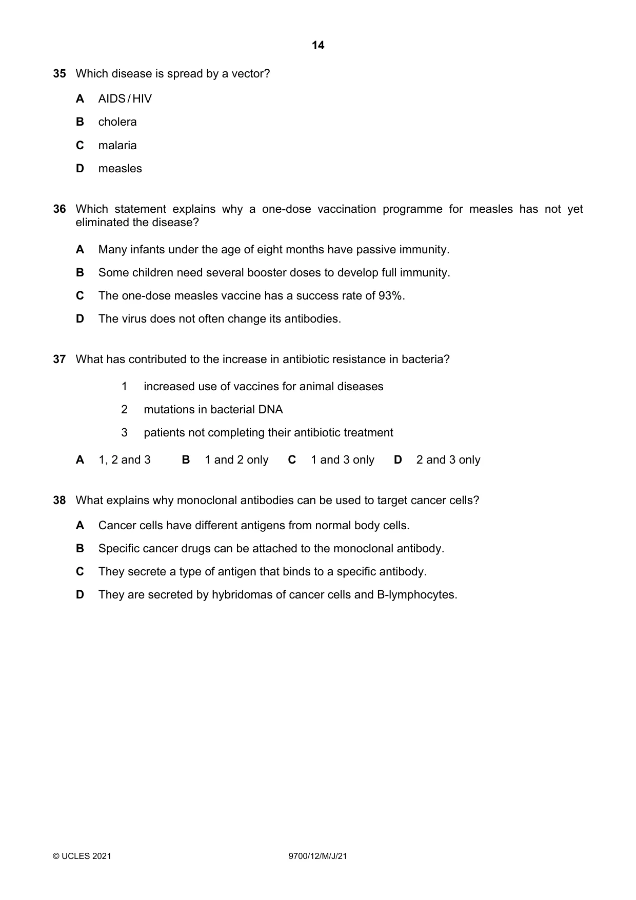 Cambridge A Level Biology 9700 2021 May/June Paper 1 · Variant 2 question paper, page 14 of 16