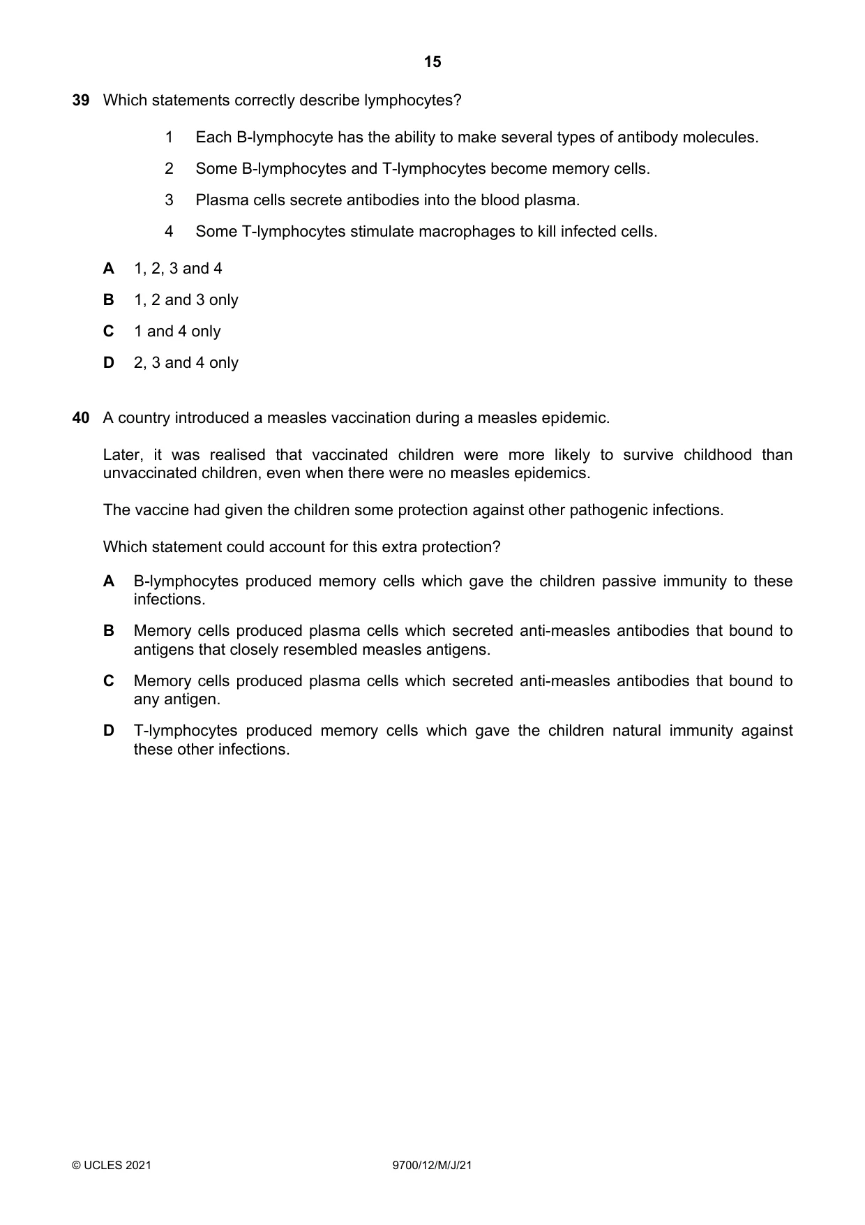 Cambridge A Level Biology 9700 2021 May/June Paper 1 · Variant 2 question paper, page 15 of 16