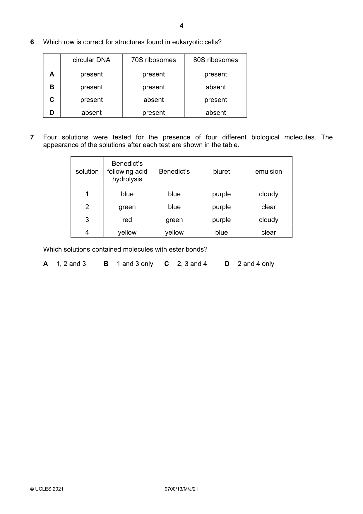 Cambridge A Level Biology 9700 2021 May/June Paper 1 · Variant 3 question paper, page 4 of 20