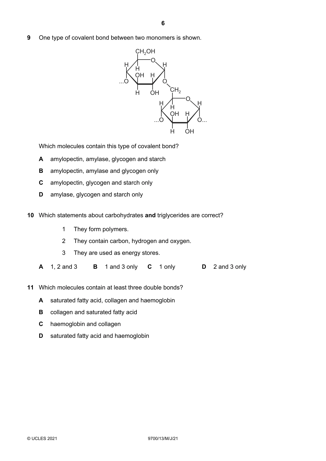 Cambridge A Level Biology 9700 2021 May/June Paper 1 · Variant 3 question paper, page 6 of 20