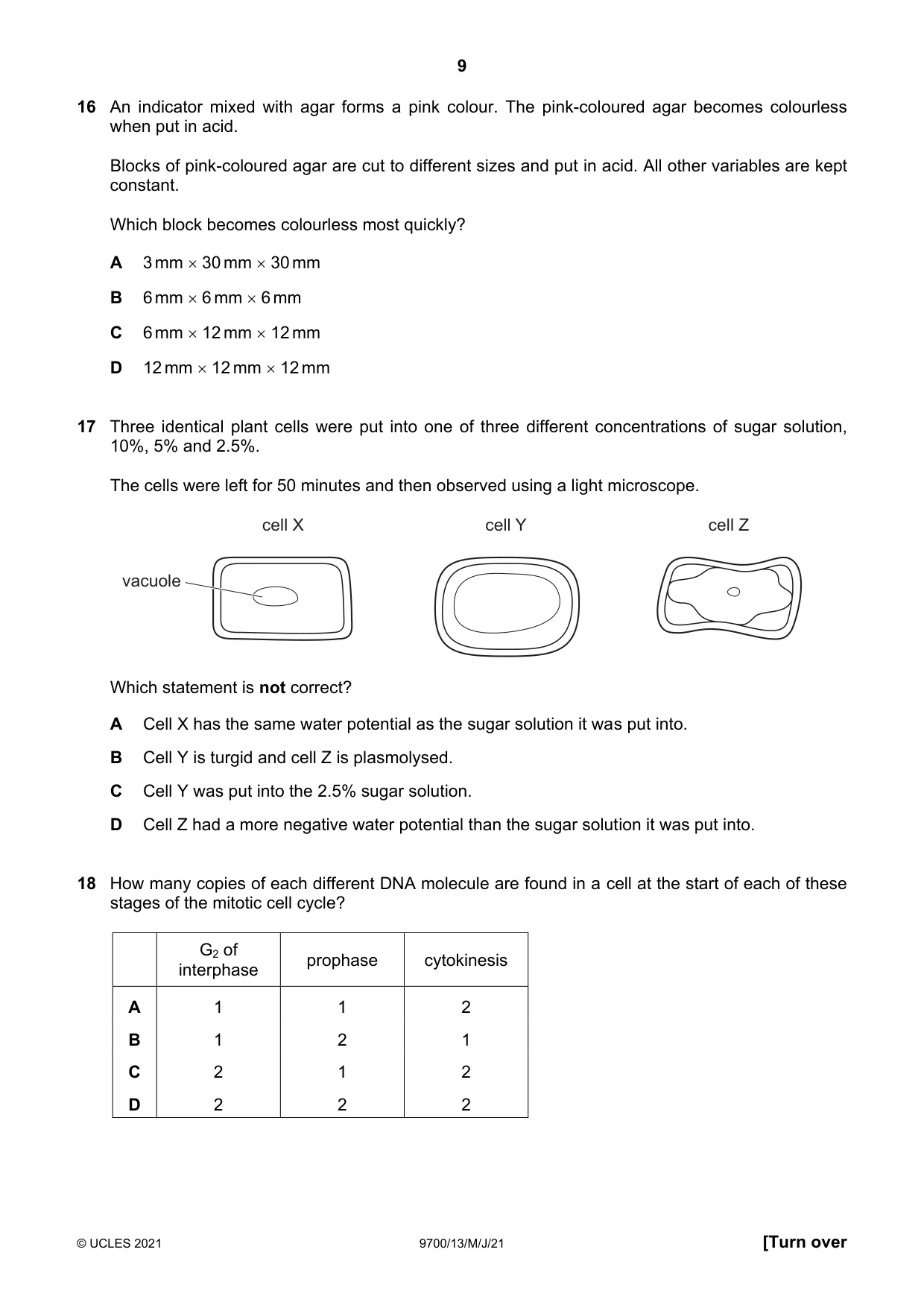 Cambridge A Level Biology 9700 2021 May/June Paper 1 · Variant 3 question paper, page 9 of 20