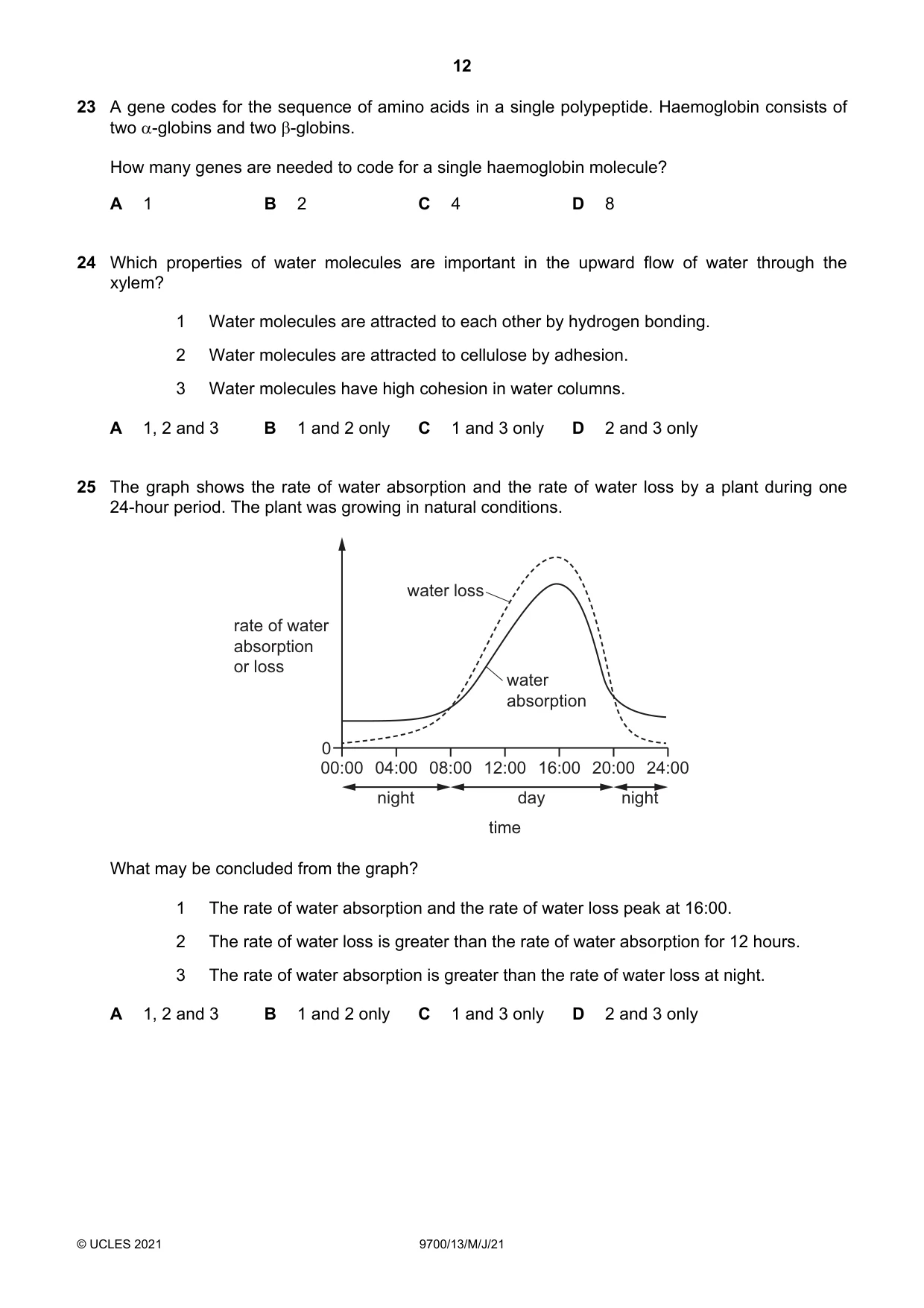 Cambridge A Level Biology 9700 2021 May/June Paper 1 · Variant 3 question paper, page 12 of 20