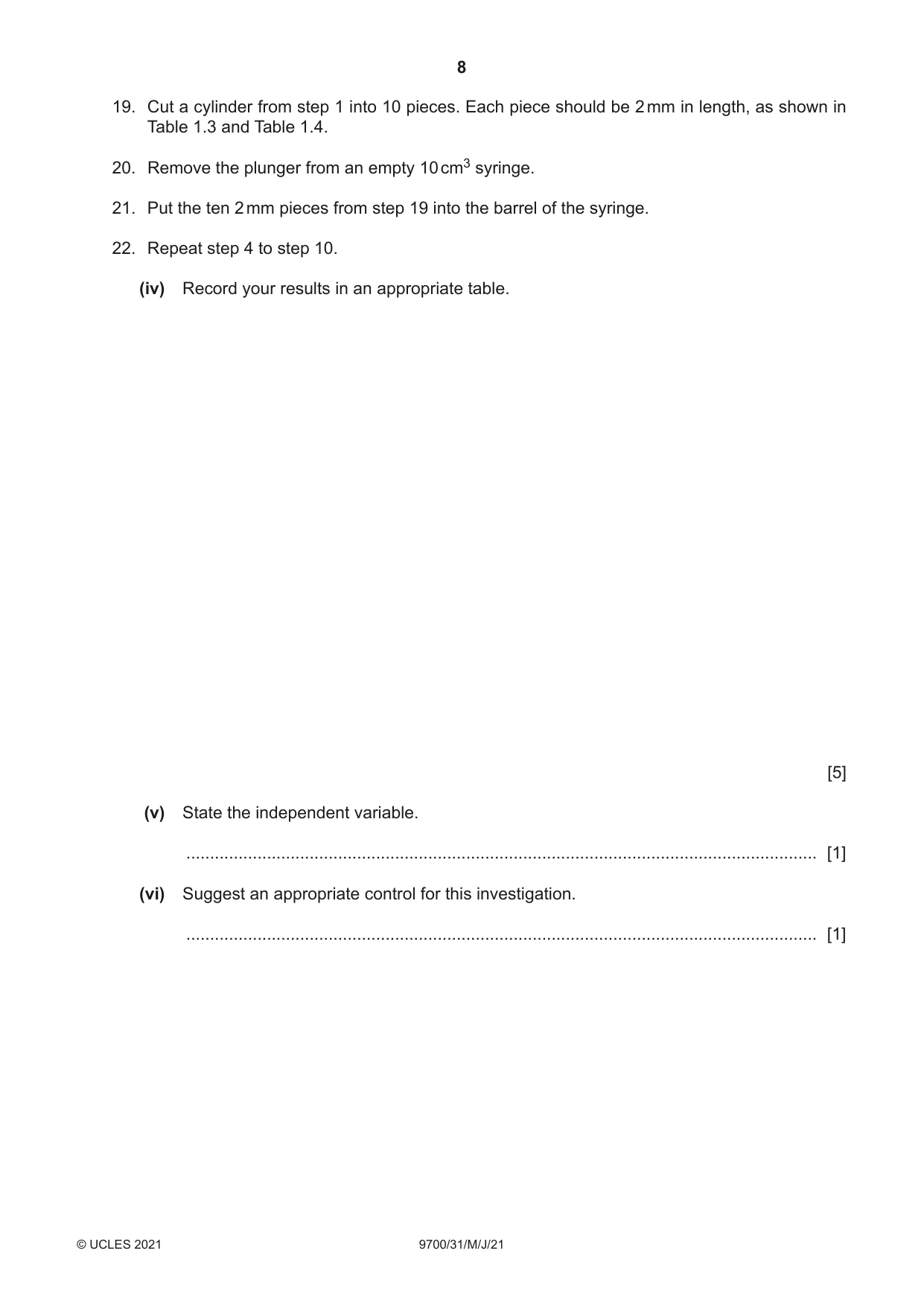 Cambridge A Level Biology 9700 2021 May/June Paper 3 · Variant 1 question paper, page 8 of 20