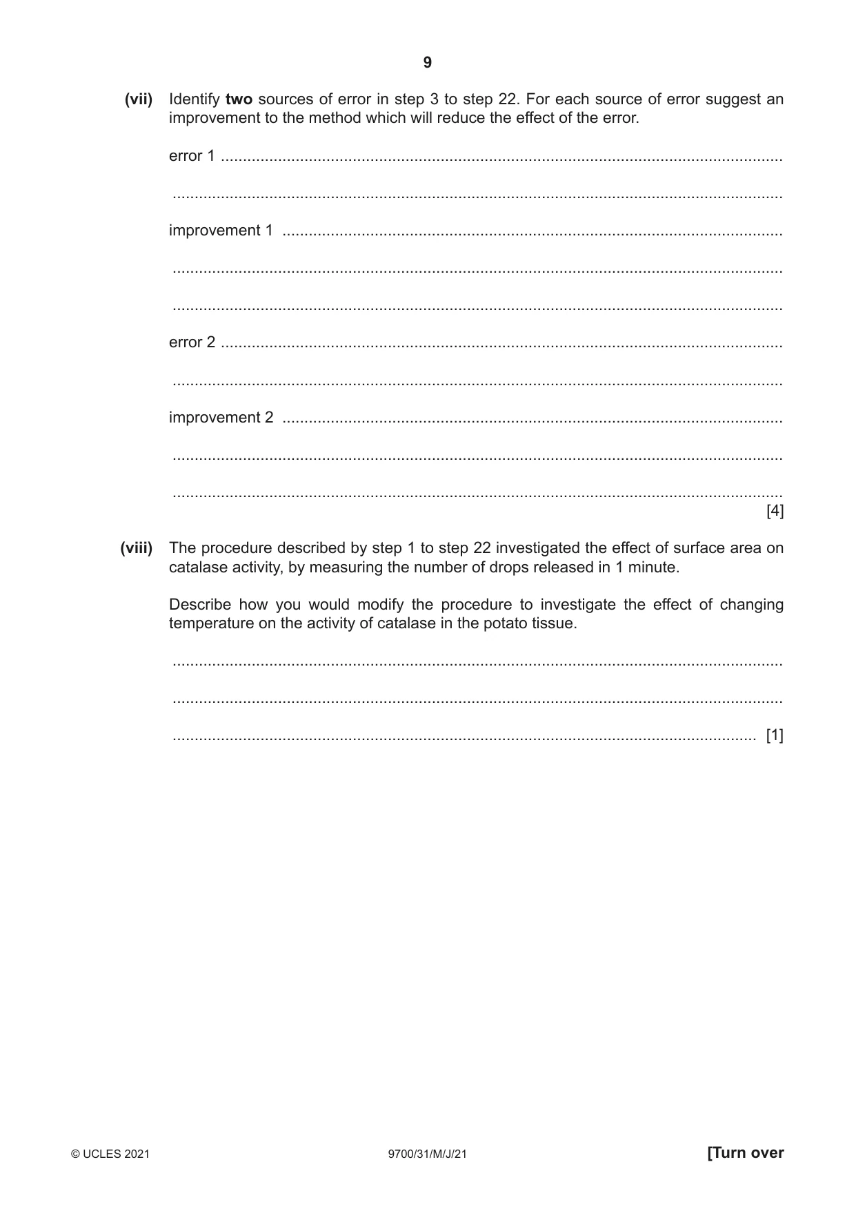 Cambridge A Level Biology 9700 2021 May/June Paper 3 · Variant 1 question paper, page 9 of 20