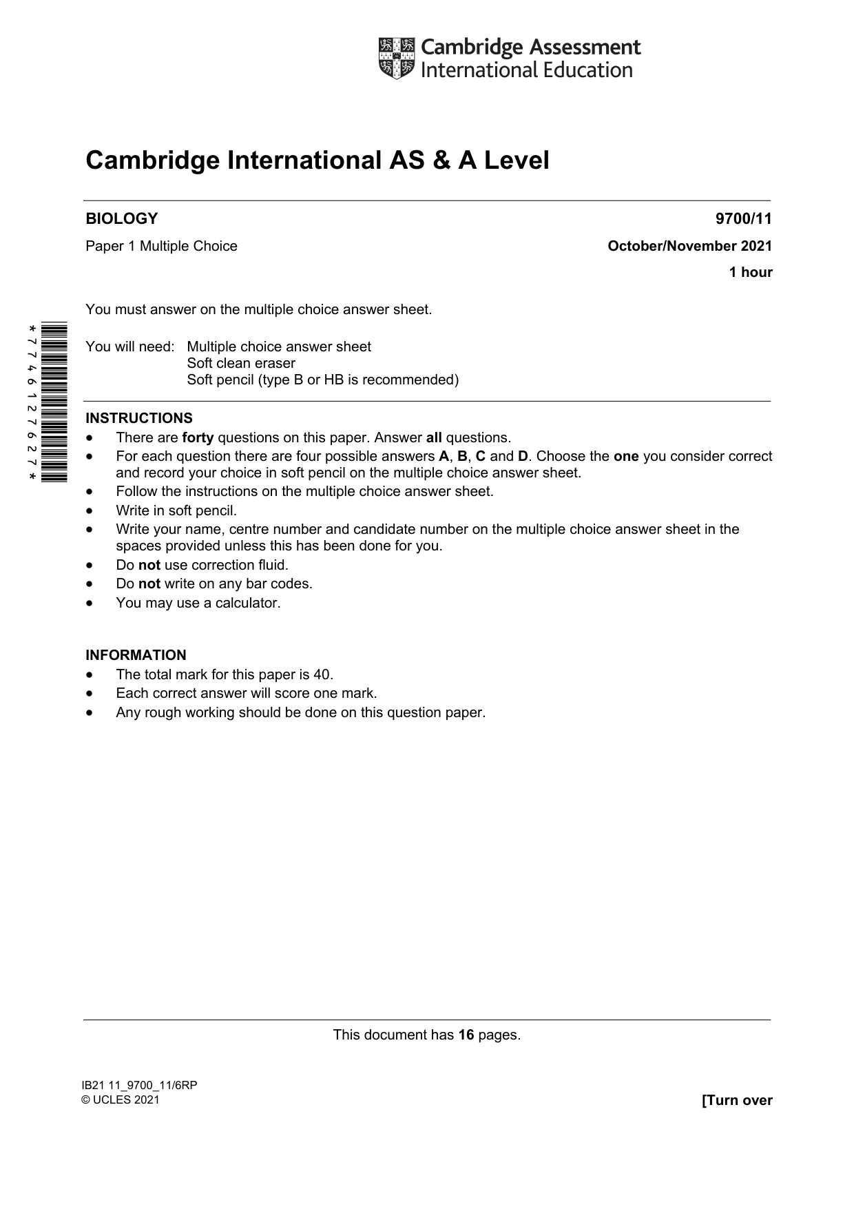 Cambridge A Level Biology 9700 2021 Oct/Nov Paper 1 · Variant 1 question paper, page 1 of 16