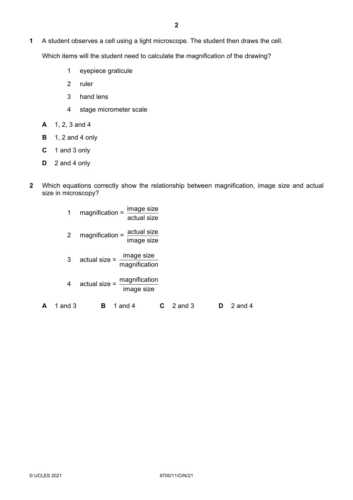 Cambridge A Level Biology 9700 2021 Oct/Nov Paper 1 · Variant 1 question paper, page 2 of 16