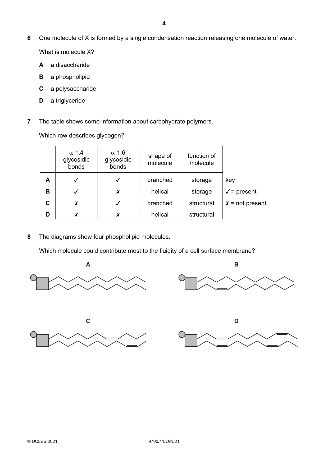 Cambridge A Level Biology 9700 2021 Oct/Nov Paper 1 · Variant 1 question paper, page 4 of 16