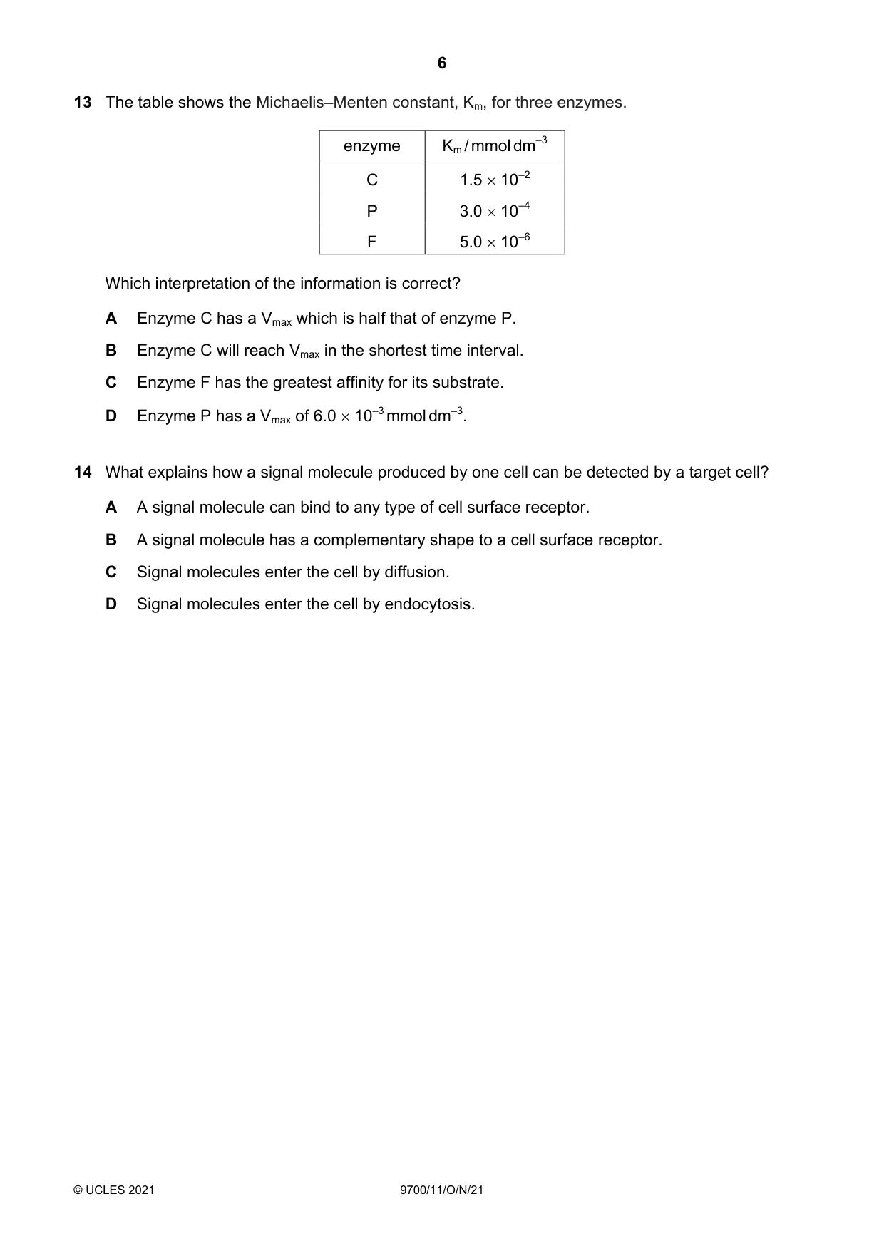 Cambridge A Level Biology 9700 2021 Oct/Nov Paper 1 · Variant 1 question paper, page 6 of 16