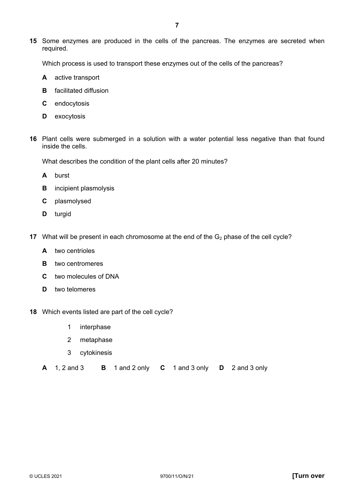 Cambridge A Level Biology 9700 2021 Oct/Nov Paper 1 · Variant 1 question paper, page 7 of 16