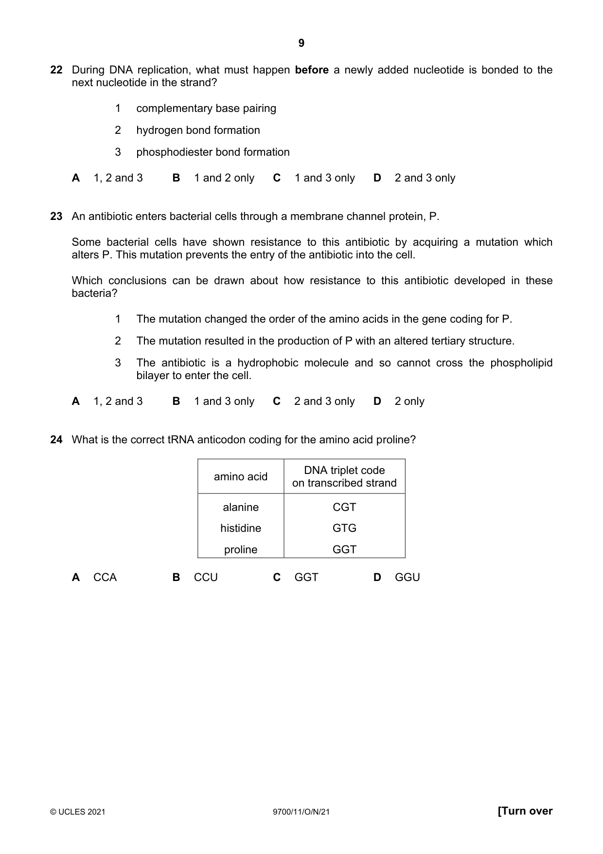 Cambridge A Level Biology 9700 2021 Oct/Nov Paper 1 · Variant 1 question paper, page 9 of 16