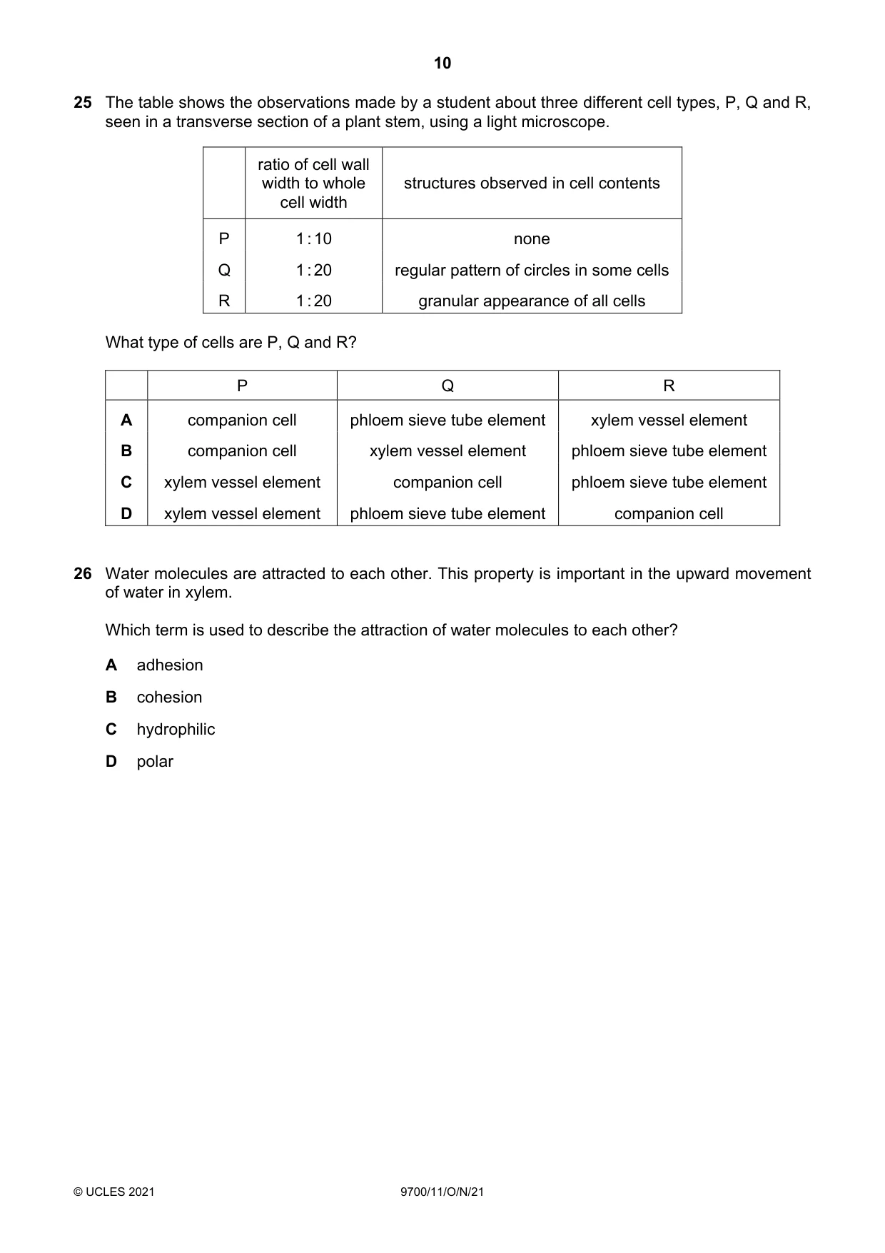 Cambridge A Level Biology 9700 2021 Oct/Nov Paper 1 · Variant 1 question paper, page 10 of 16