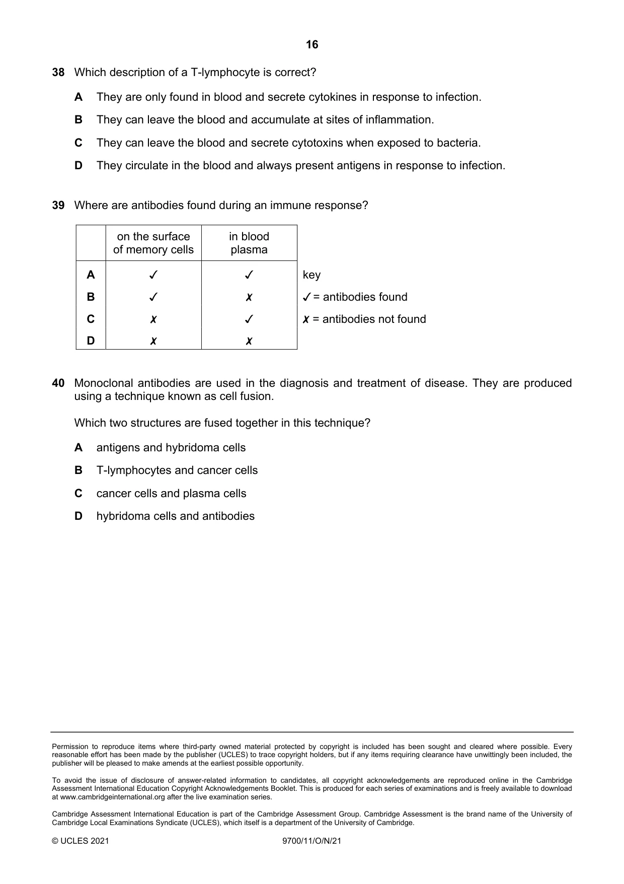 Cambridge A Level Biology 9700 2021 Oct/Nov Paper 1 · Variant 1 question paper, page 16 of 16