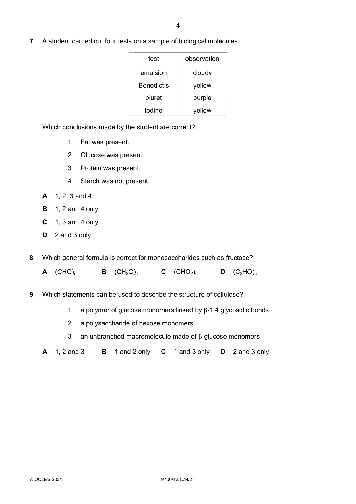 Cambridge A Level Biology 9700 2021 Oct/Nov Paper 1 · Variant 2 question paper, page 4 of 16