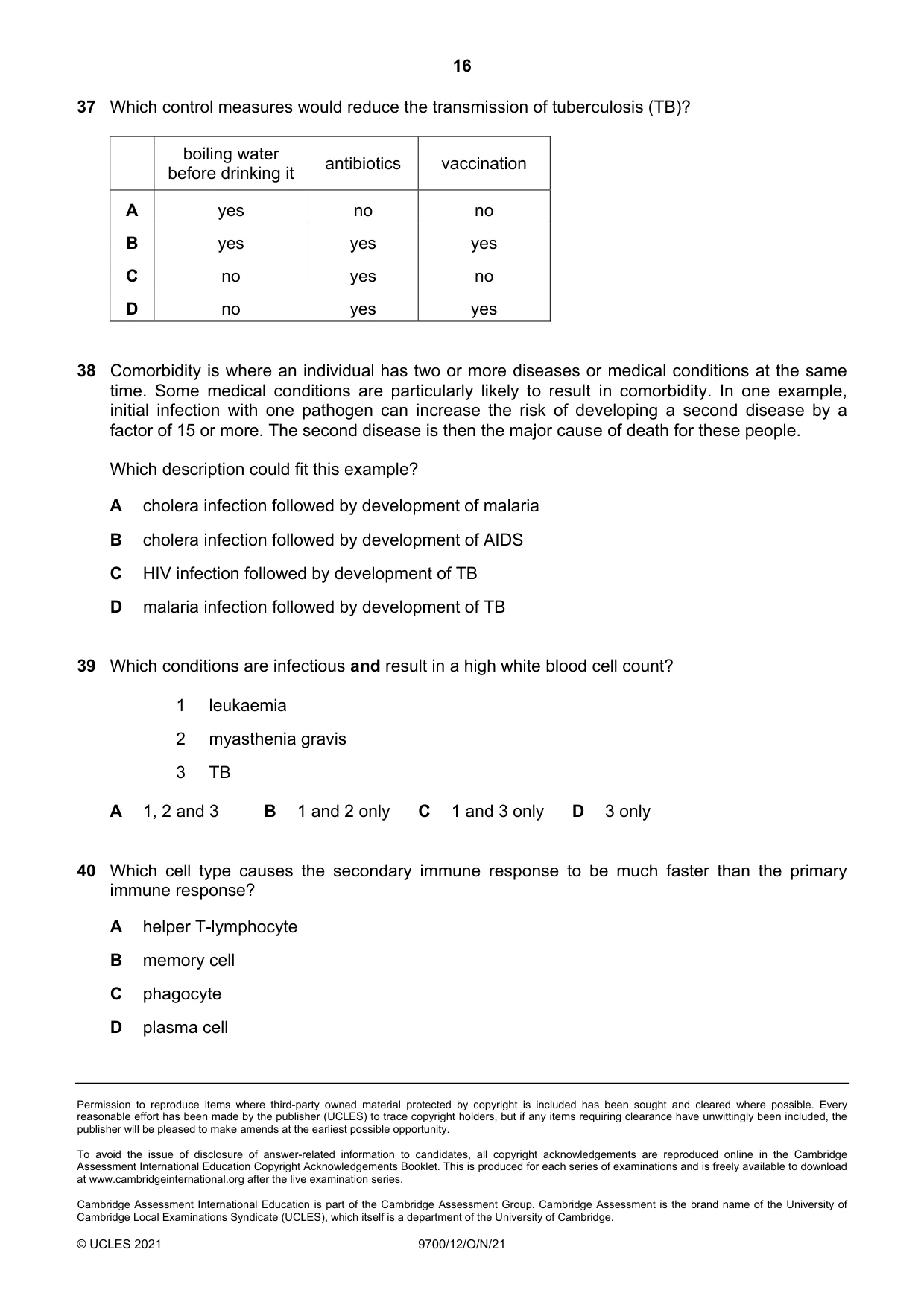 Cambridge A Level Biology 9700 2021 Oct/Nov Paper 1 · Variant 2 question paper, page 16 of 16