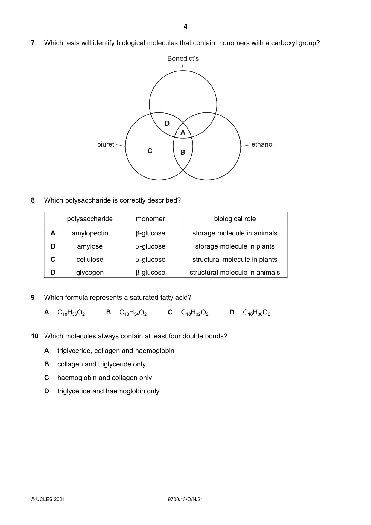 Cambridge A Level Biology 9700 2021 Oct/Nov Paper 1 · Variant 3 question paper, page 4 of 20