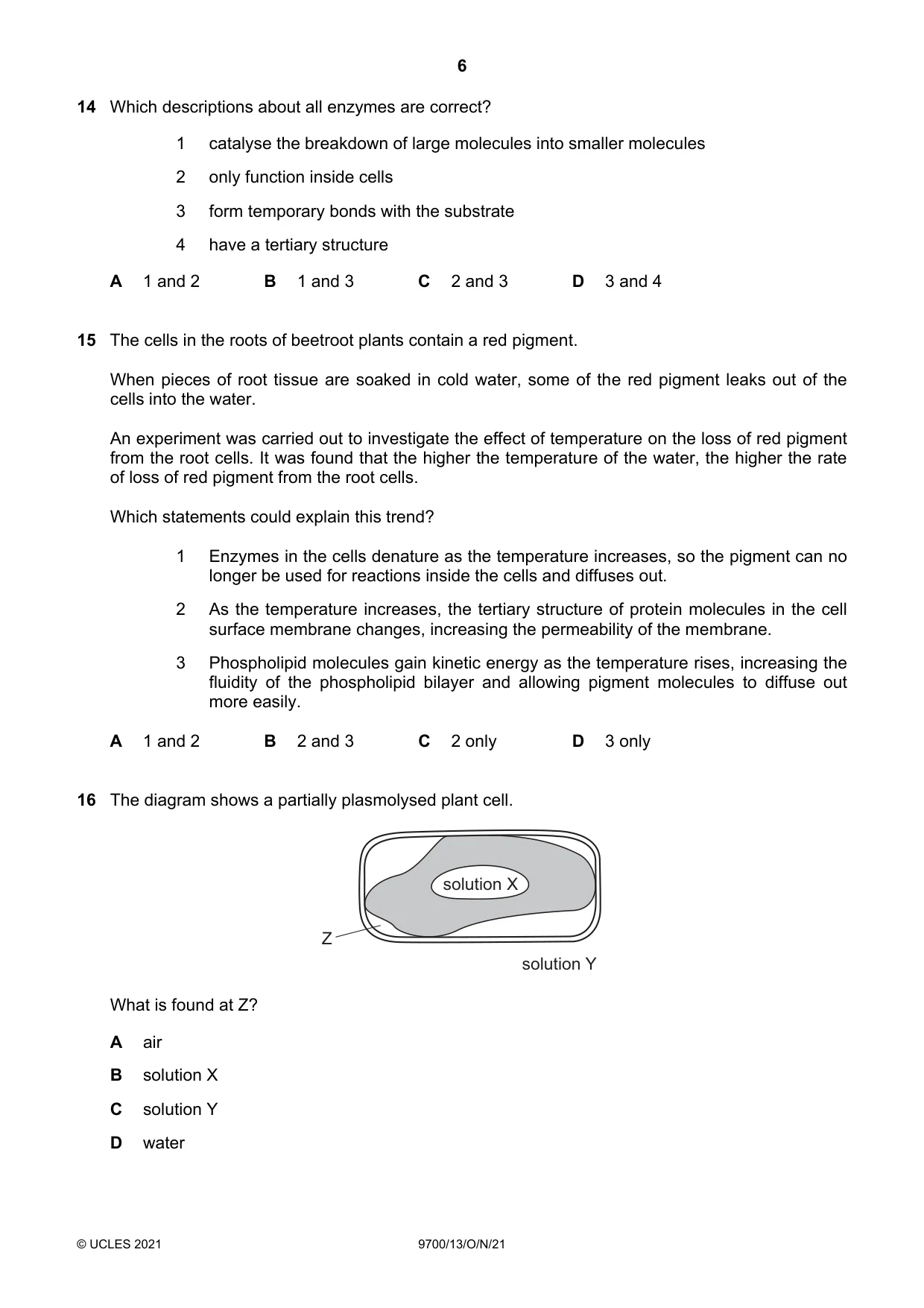 Cambridge A Level Biology 9700 2021 Oct/Nov Paper 1 · Variant 3 question paper, page 6 of 20