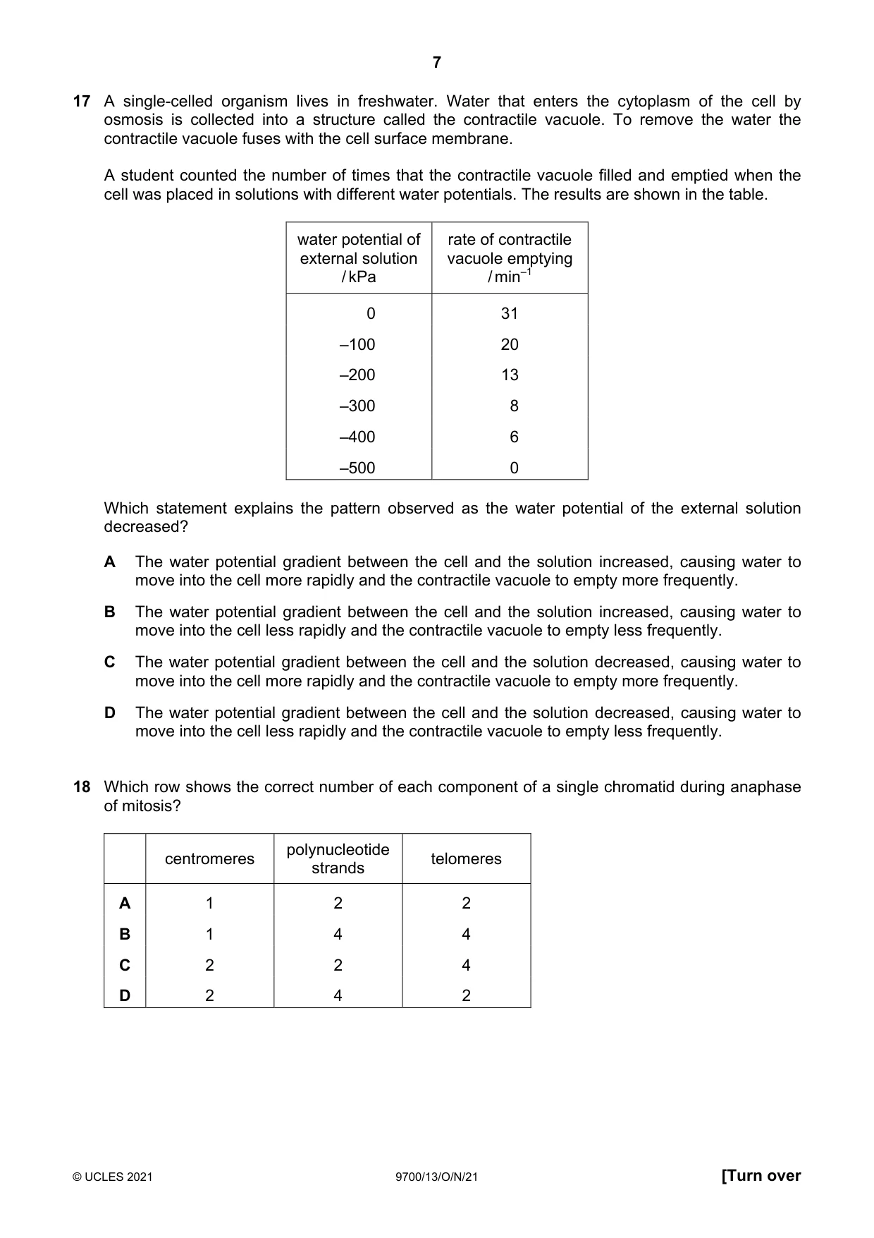Cambridge A Level Biology 9700 2021 Oct/Nov Paper 1 · Variant 3 question paper, page 7 of 20
