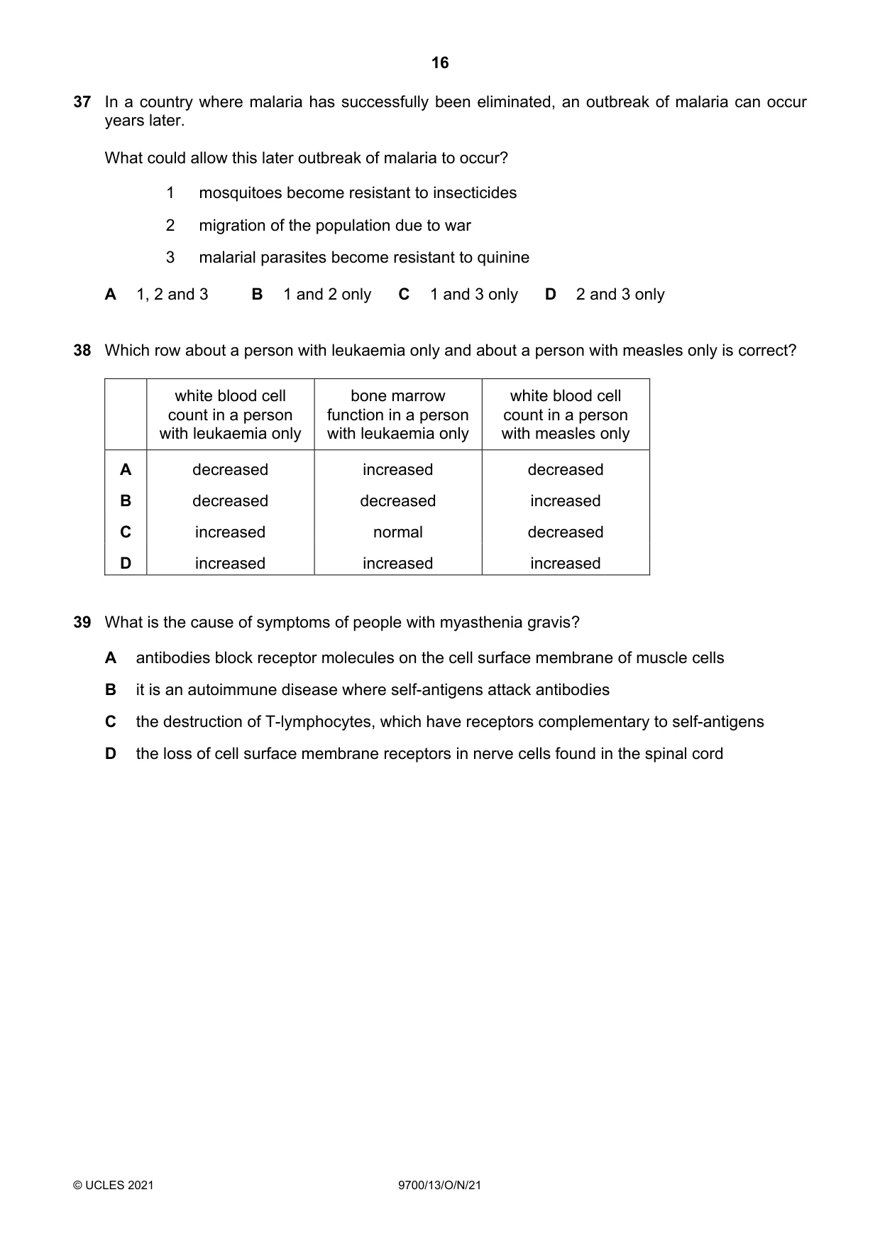 Cambridge A Level Biology 9700 2021 Oct/Nov Paper 1 · Variant 3 question paper, page 16 of 20