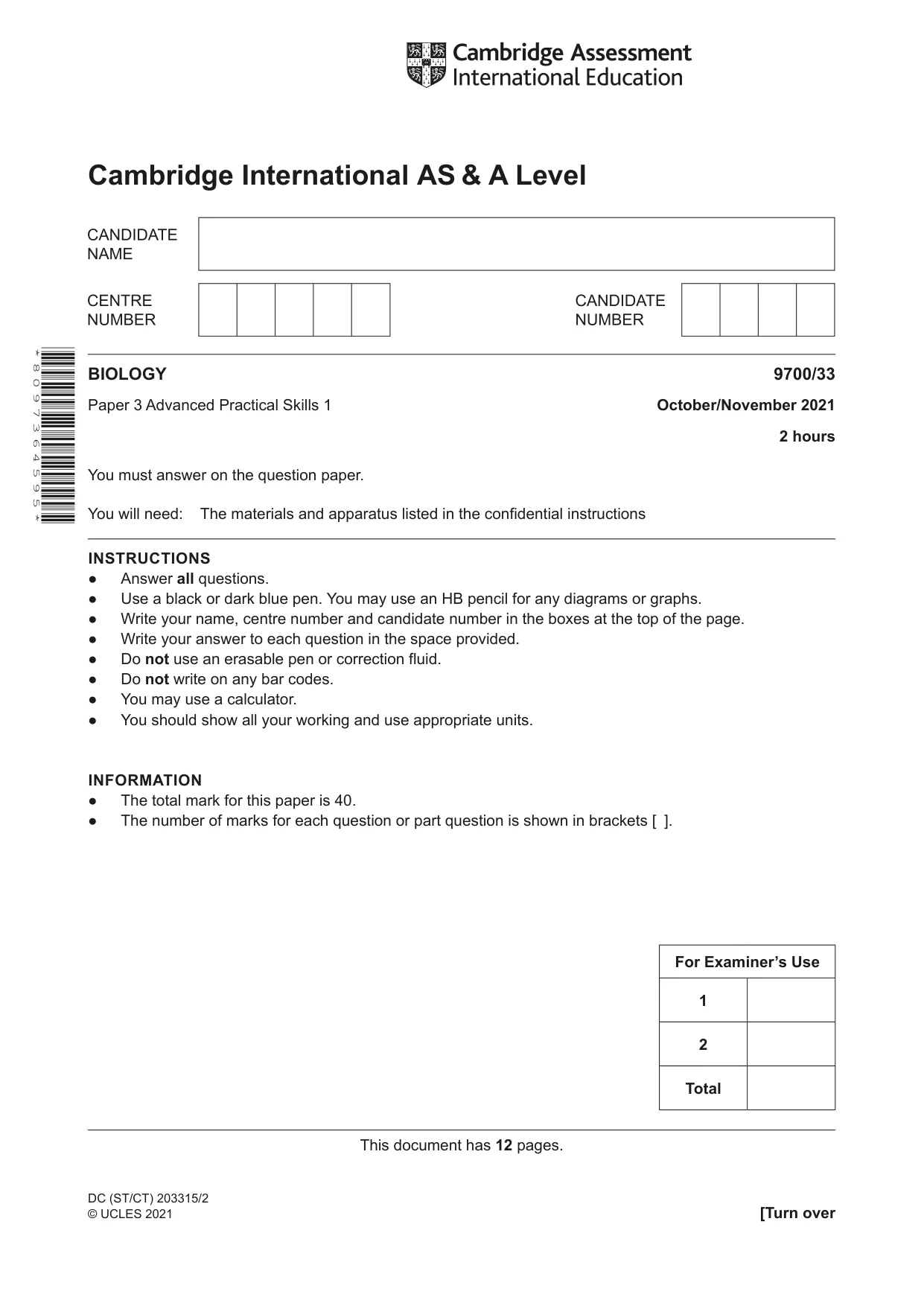 Cambridge A Level Biology 9700 2021 Oct/Nov Paper 3 · Variant 3 question paper, page 1 of 12