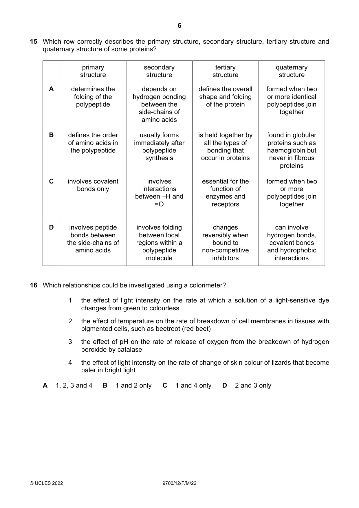 Cambridge A Level Biology 9700 2022 Feb/March Paper 1 · Variant 2 question paper, page 6 of 20