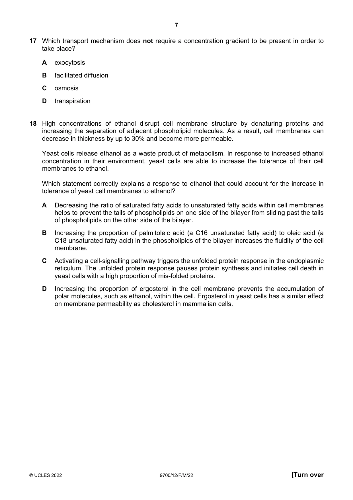 Cambridge A Level Biology 9700 2022 Feb/March Paper 1 · Variant 2 question paper, page 7 of 20