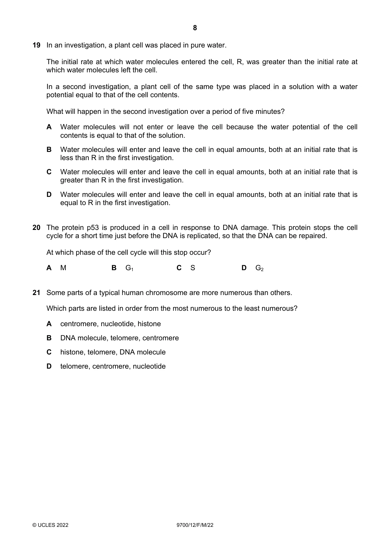 Cambridge A Level Biology 9700 2022 Feb/March Paper 1 · Variant 2 question paper, page 8 of 20