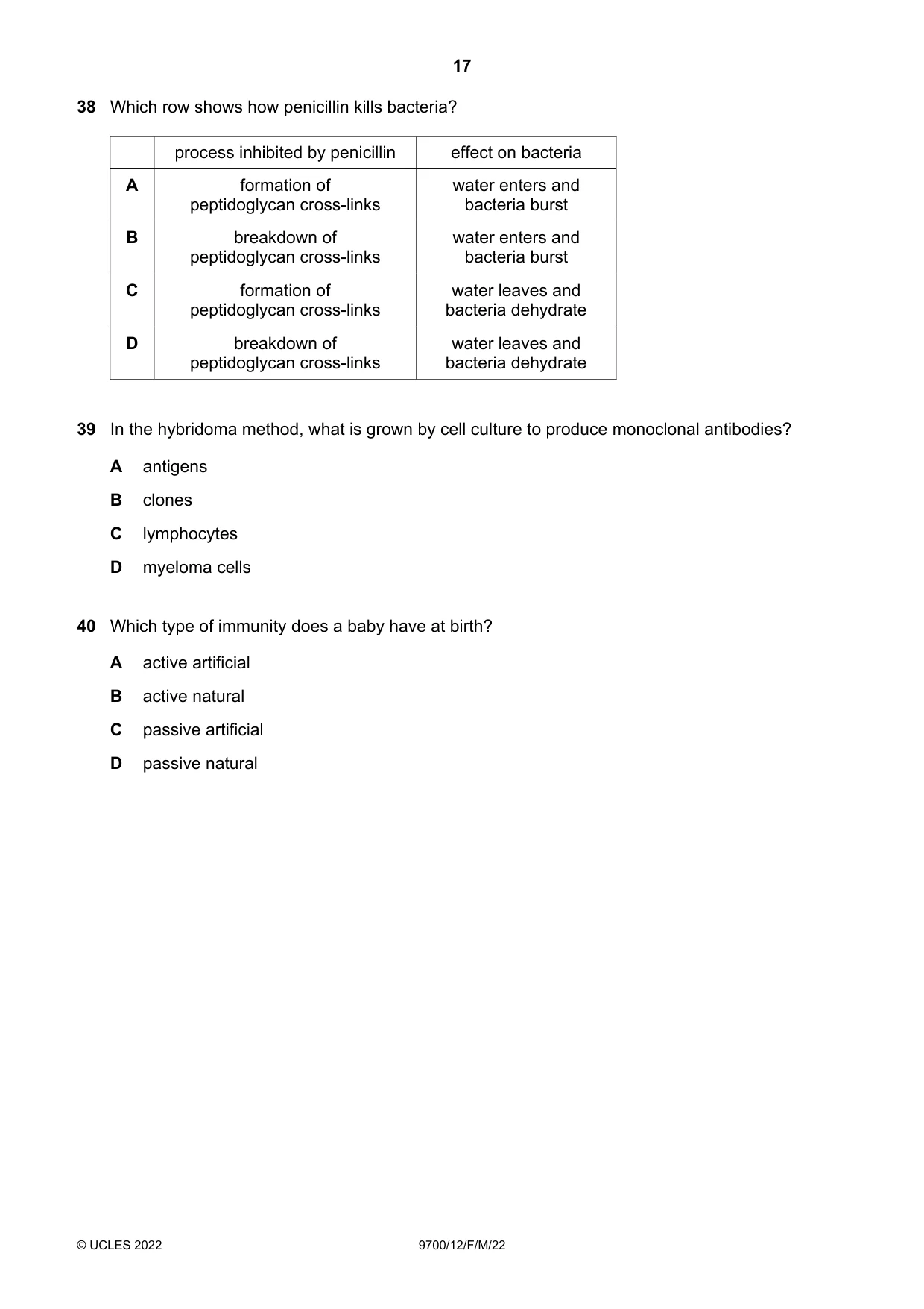 Cambridge A Level Biology 9700 2022 Feb/March Paper 1 · Variant 2 question paper, page 17 of 20