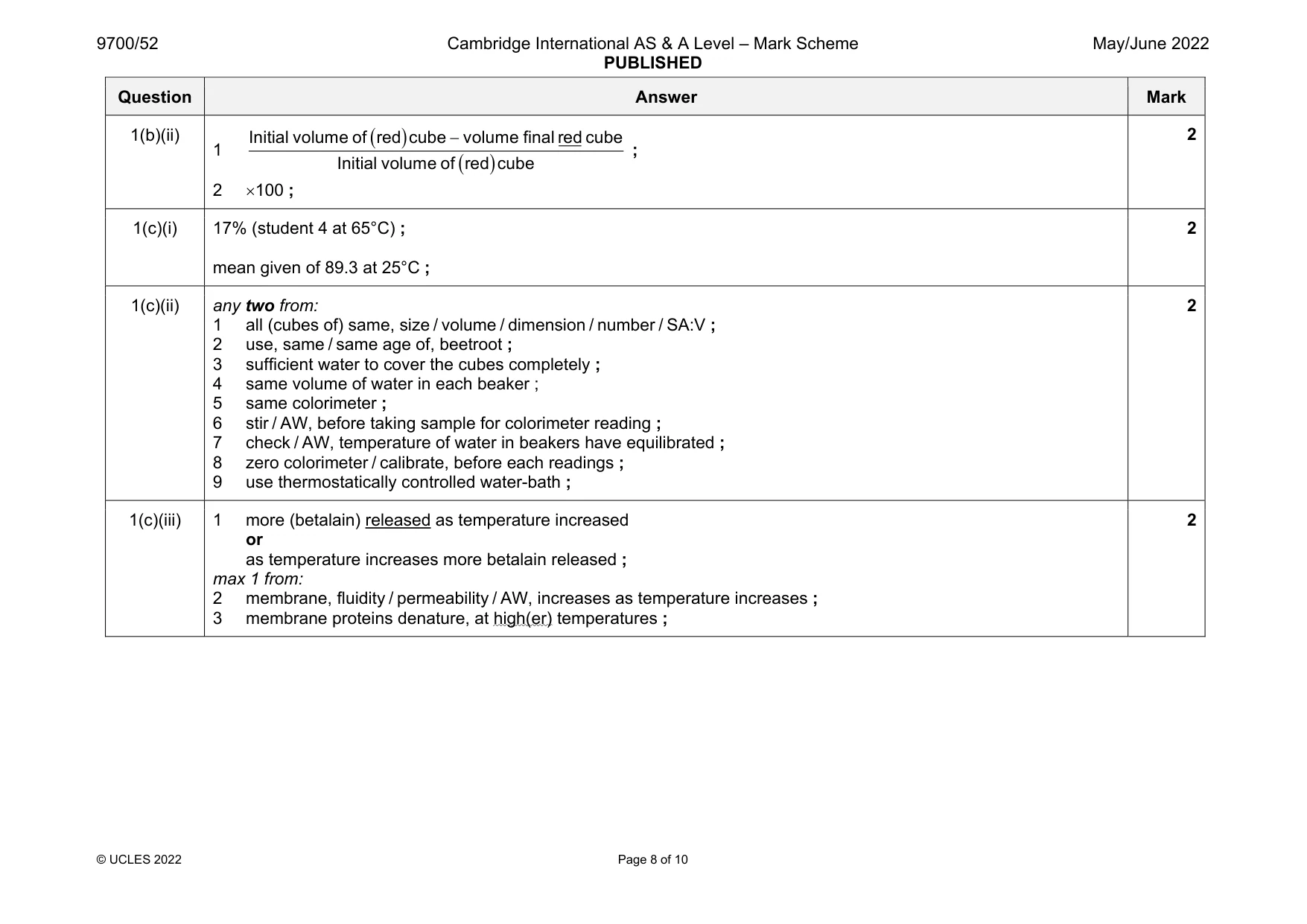 Mark scheme, page 8 of 10