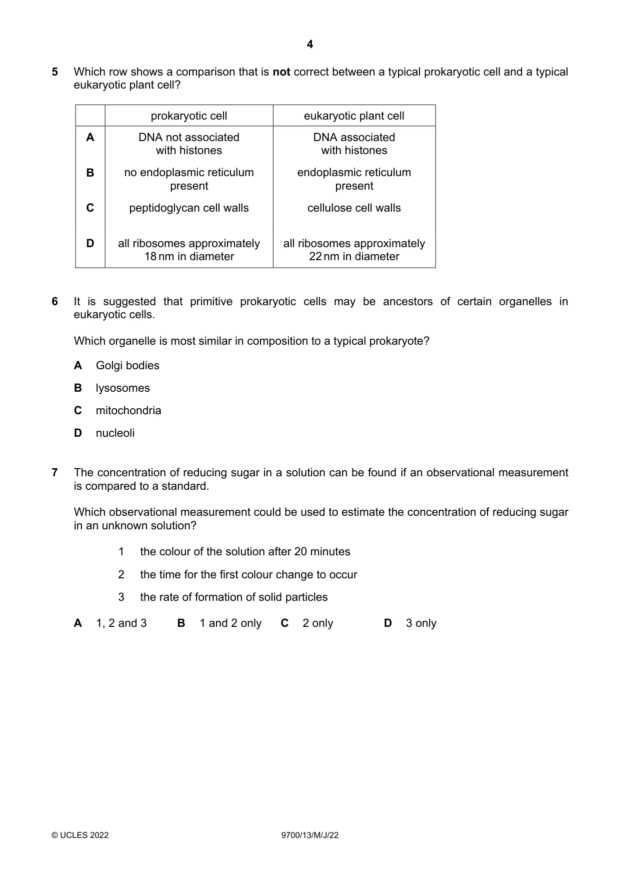 Cambridge A Level Biology 9700 2022 May/June Paper 1 · Variant 3 question paper, page 4 of 20
